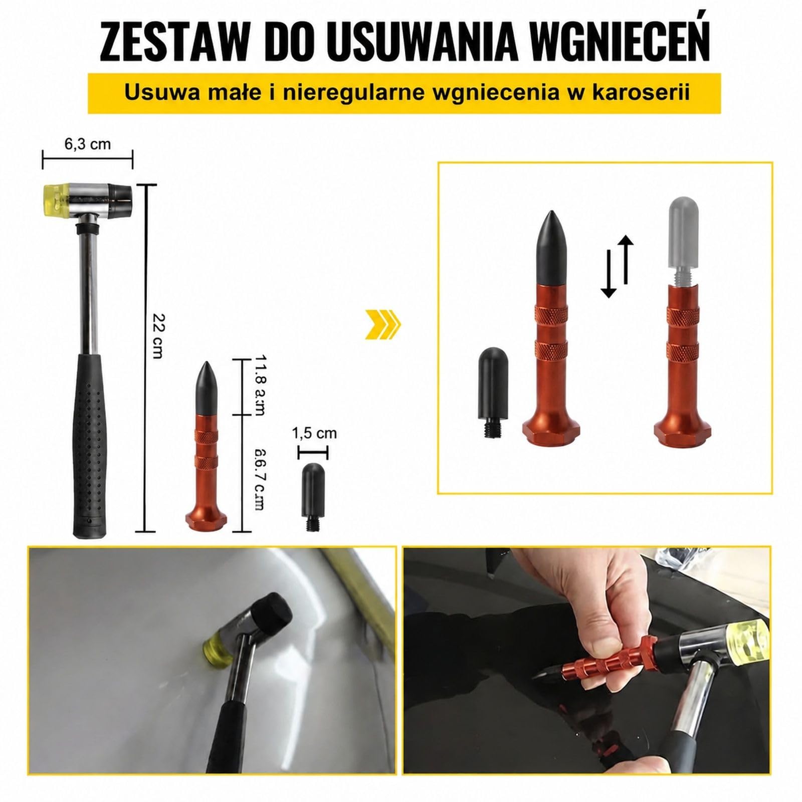 Zestaw 20 stalowych prętów do usuwania wgnieceń z torbą, młotkiem gumowym i hakami S&O do naprawy wgnieceń samochodowych i innych powierzchni