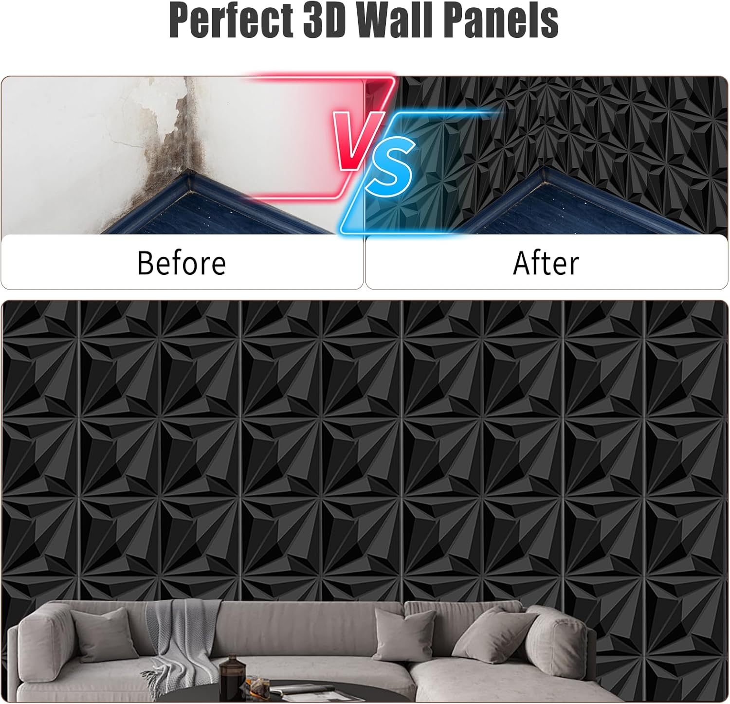 Decorative 3D Wall Panels, 33 Pack Textured PVC Tiles 12x12 Inch, Black - Covers 33 Sq Ft, Modern Wall Art for TV Wall & Game Room, Waterproof & Cuttable (Glue Required)