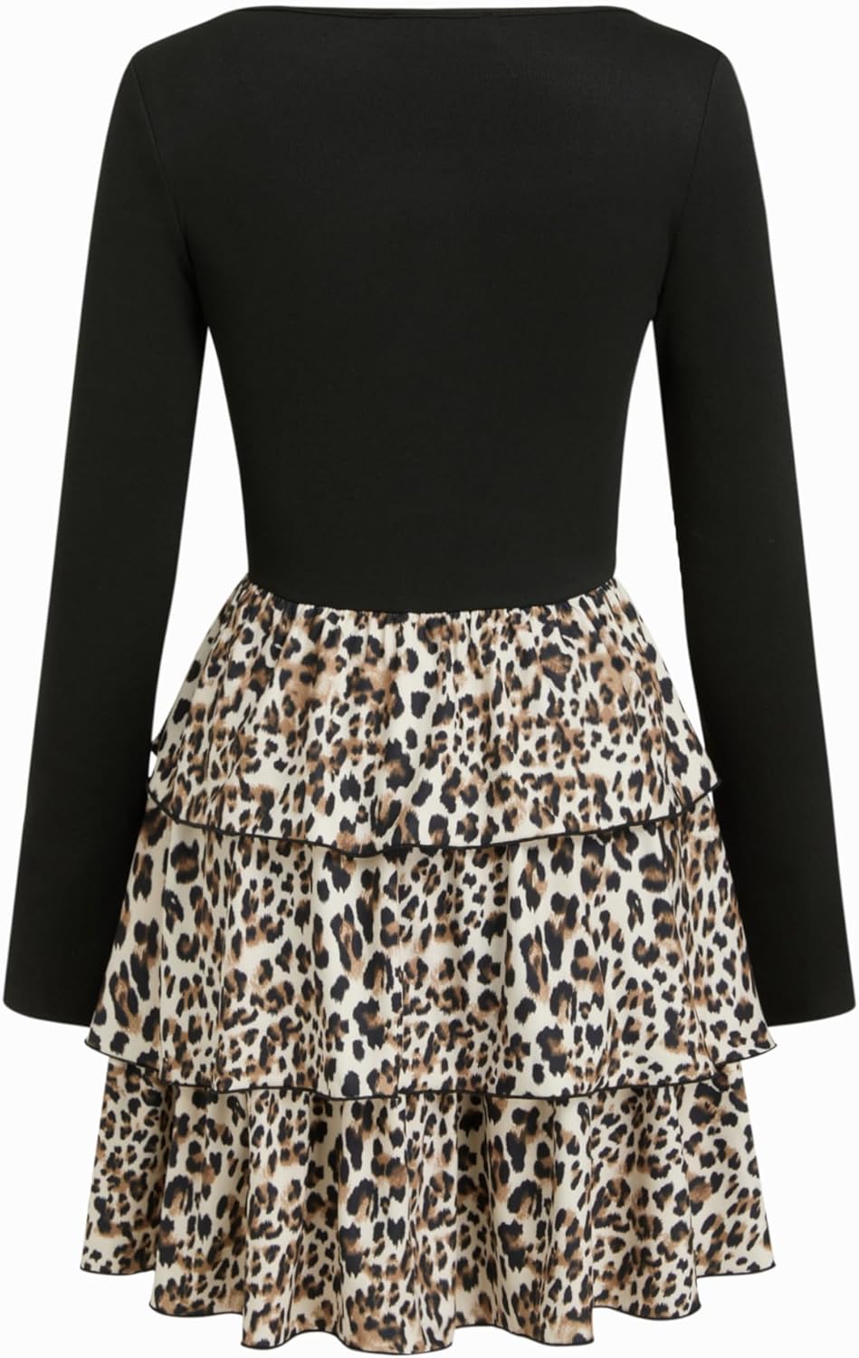 CIDER Womens Long Sleeve Leopard Print Ruffle Skirt Dress Square Neck - Image 5