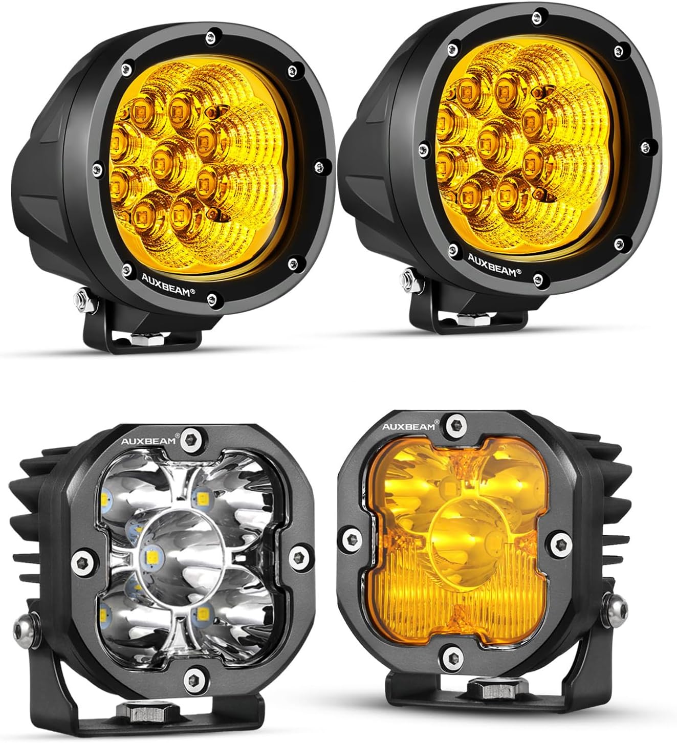 Auxbeam 4" 90W Flood LED Pods Round Fog Lights + 3" 80W Amber Cube Lights Offroad Spot Flood Light, 4PCS Off Road Driving Yellow Ditch Light for Trucks Car UTV Jeep, Bundle