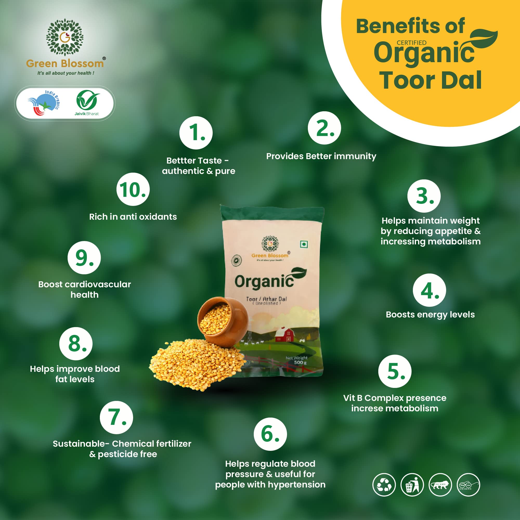 Green Blossom Organic Toor/Arhar Dal| Unpolished Split Pigeon Pea | Chemical-Free | 100% Vegan | Quality Pulses for Healthy Indian Cooking"-3kg (1kg x Pack of 3) 4
