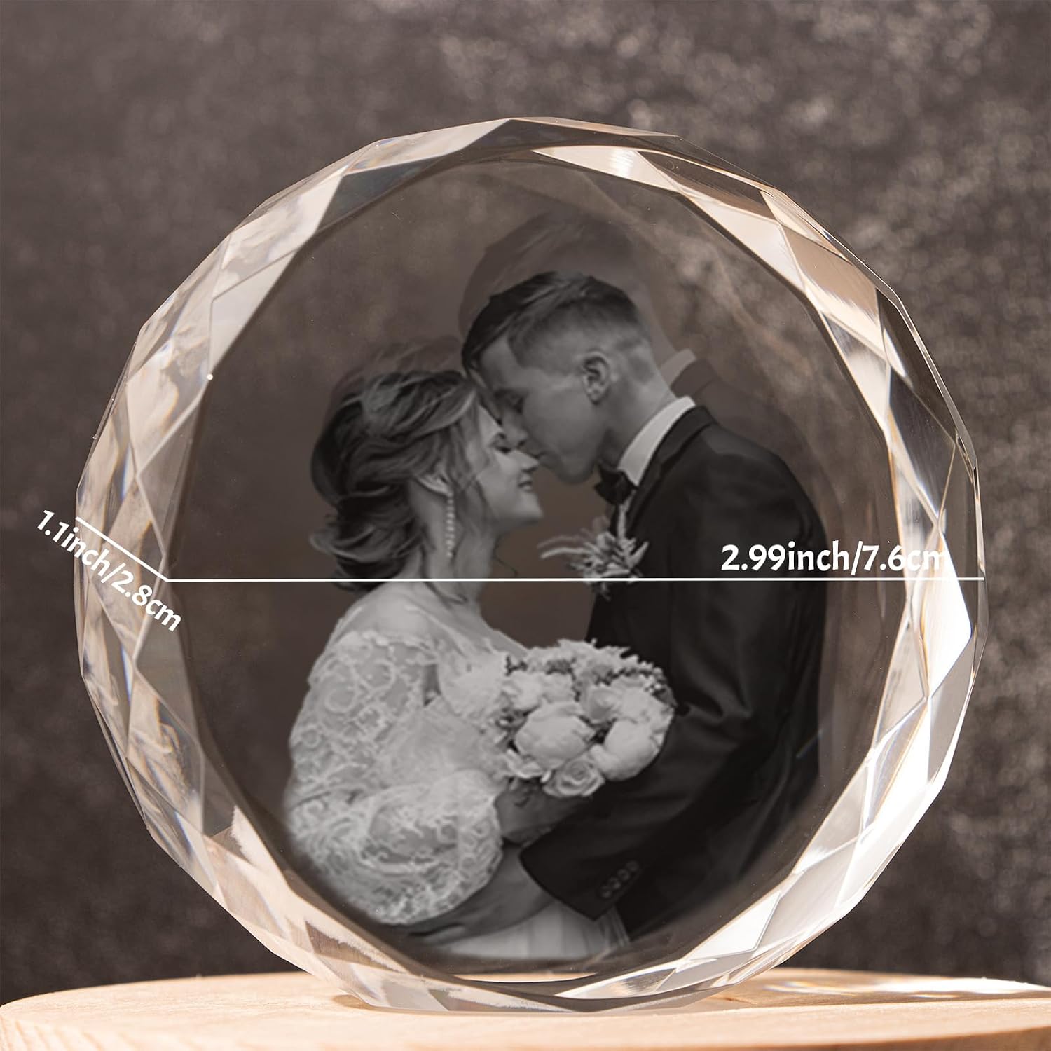 Personalized Round Shape 3D Crystal Photo with Laser Engraved Image on Wood Base LED Light - Custom Anniversary Wedding Christmas Keepsake Gifts for Men, Dad, Women