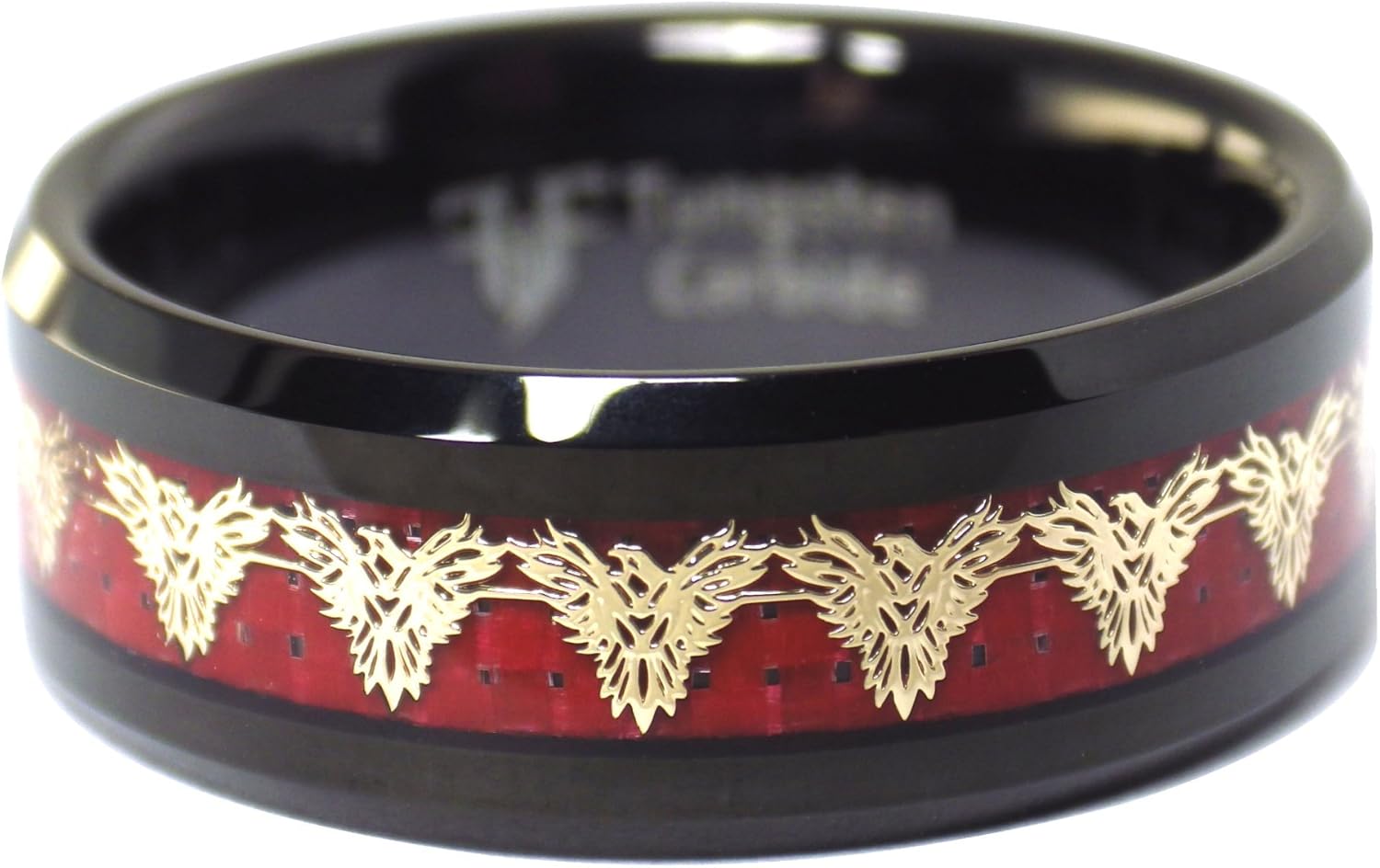 Fantasy Forge Jewelry Gold Red Fire Phoenix Black Tungsten Ring 8mm Mens Womens Wedding Band Sizes 5-17