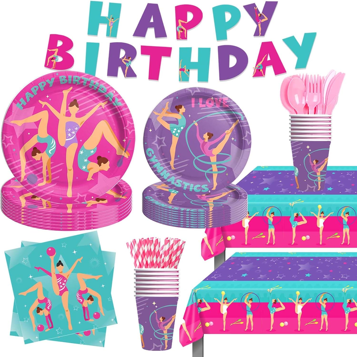 Party Inspo Gymnastics Birthday Party Supplies Tableware Set, Gymnastics Party Decorations for Girls, Dance Cheerleading Birthday Decorations, Gymnast Theme Banner Tablecloth Plates Napkins Forks