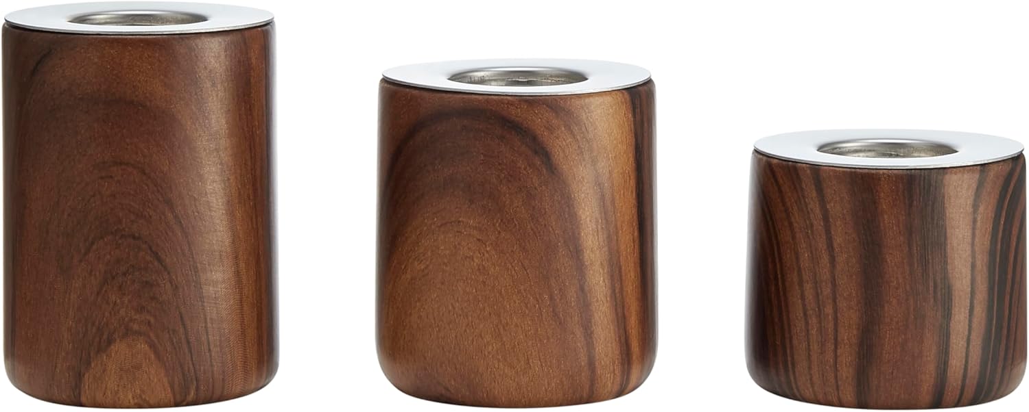 Hemming Modern Walnut Finish Three Piece Tealight Candle Holder Tabletop Decor Set