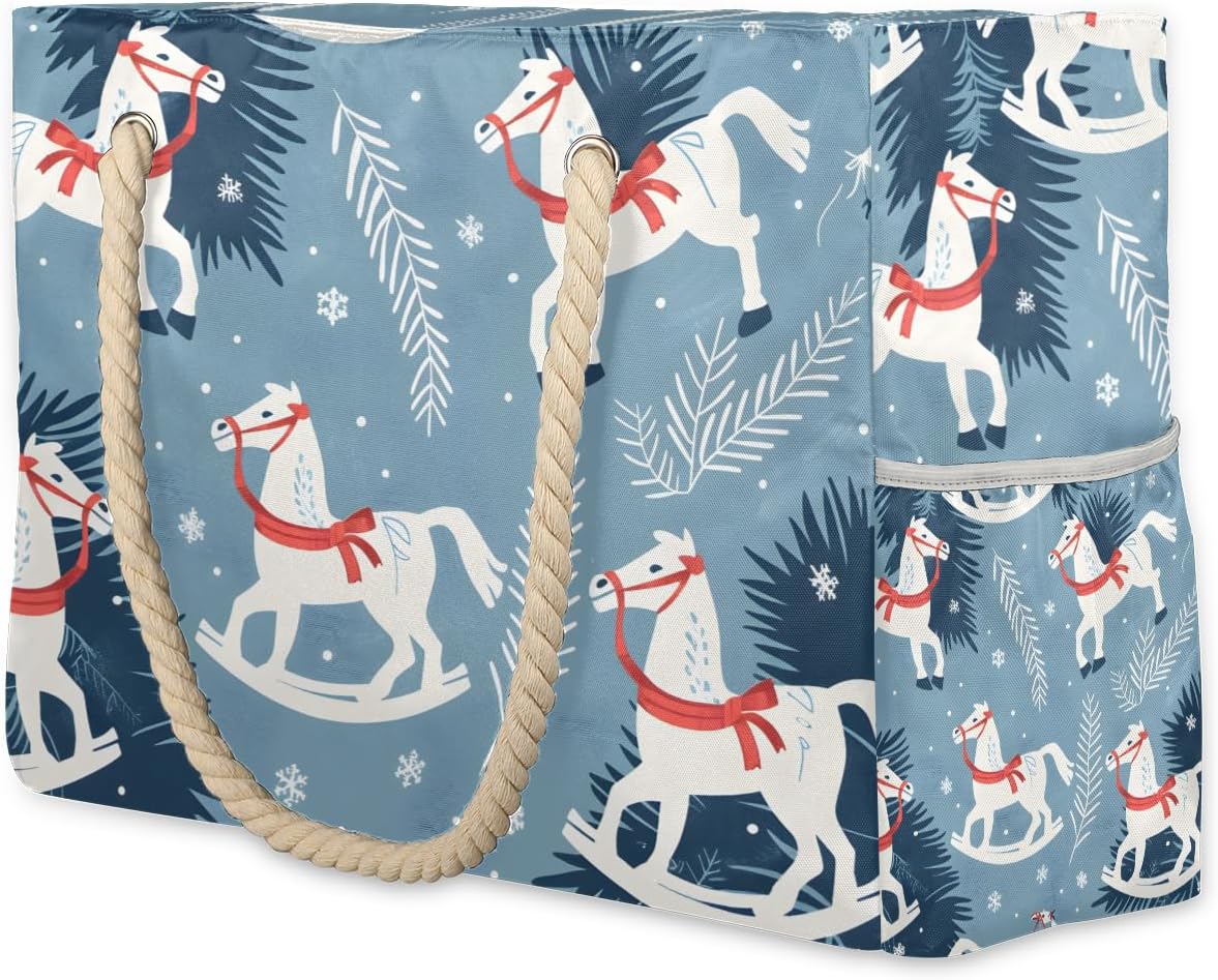 Christmas Cartoon Cute Animals Beach Bags Waterproof Sandproof for Women, Large with Zipper Pool Beach Tote Reusable Grocery Shoulder Bag for Swim Travel Shopping Vacation Picnic