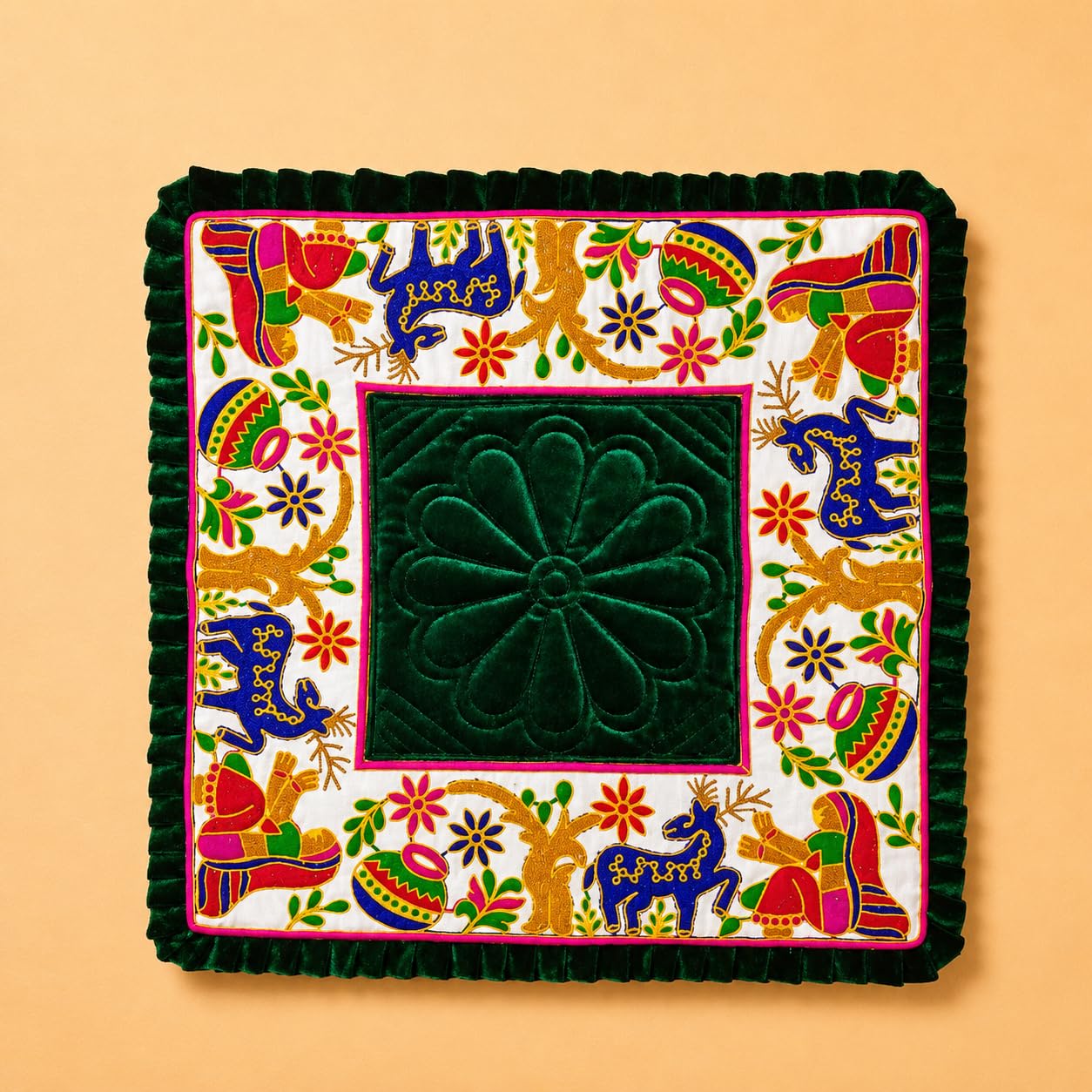 Pooja Asan Velvet Prayer Mat for Home Temple ⏐ Decorative Embroidered Puja Asan ⏐ Mandir Sitting Mat ⏐ Chowki Cloth for God Idol⏐ Meditation Seat (23 x 23 Inch, Pack of 1), Green-picture-20