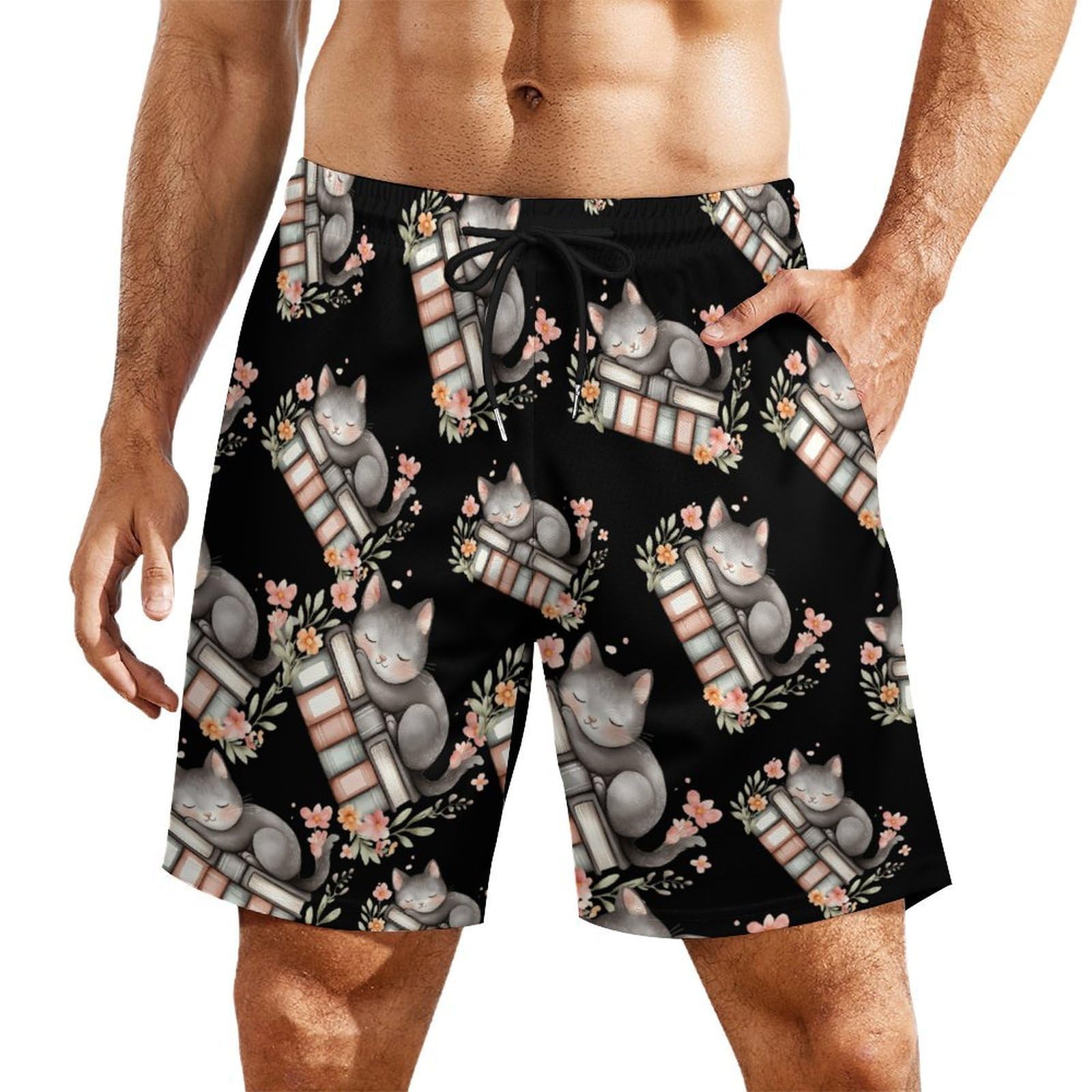 Pantalones cortos de playa con estampado original de gatos durmiendo sobre libros 8
