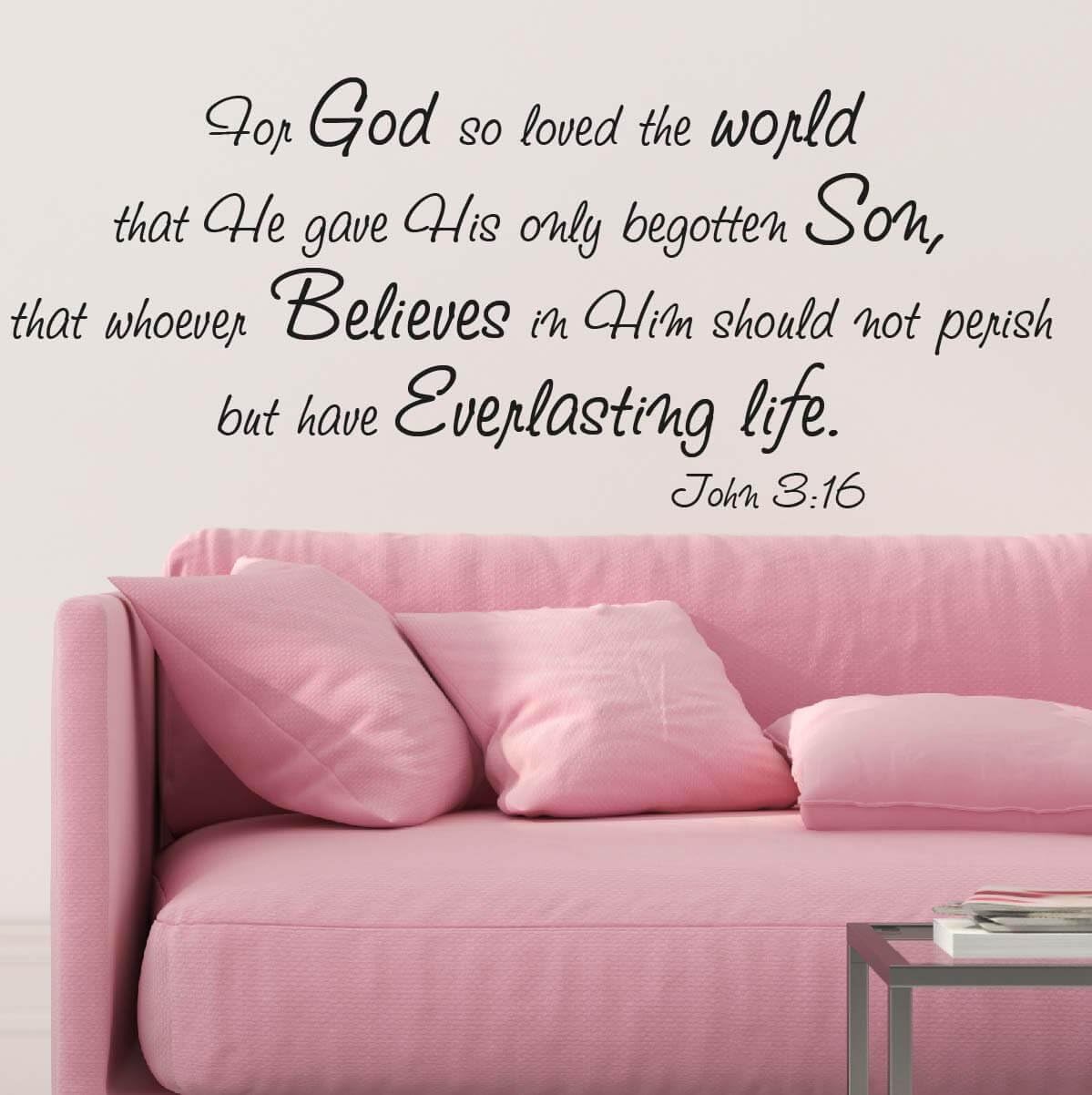 for God So Loved The World Wall Decal Quote Religious Bible Verse John 3:16 Scripture Christian Wall Art Sticker (29in widex 13.8in Tall, Black)