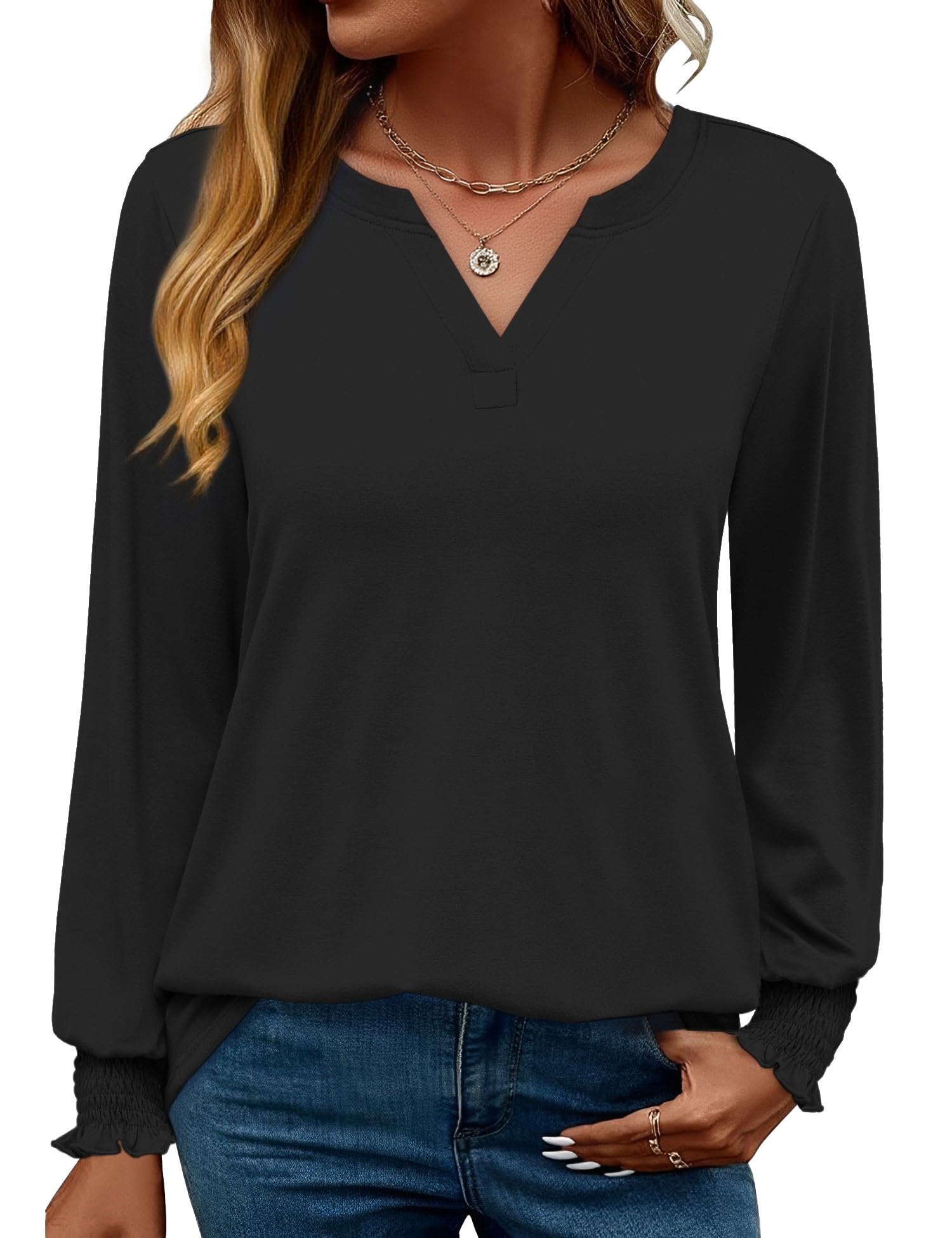 Rapbin Damen Bluse Langarm Tops Elegant Locker V-Ausschnitt Oberteile Shirt Casual Herbst Tunika