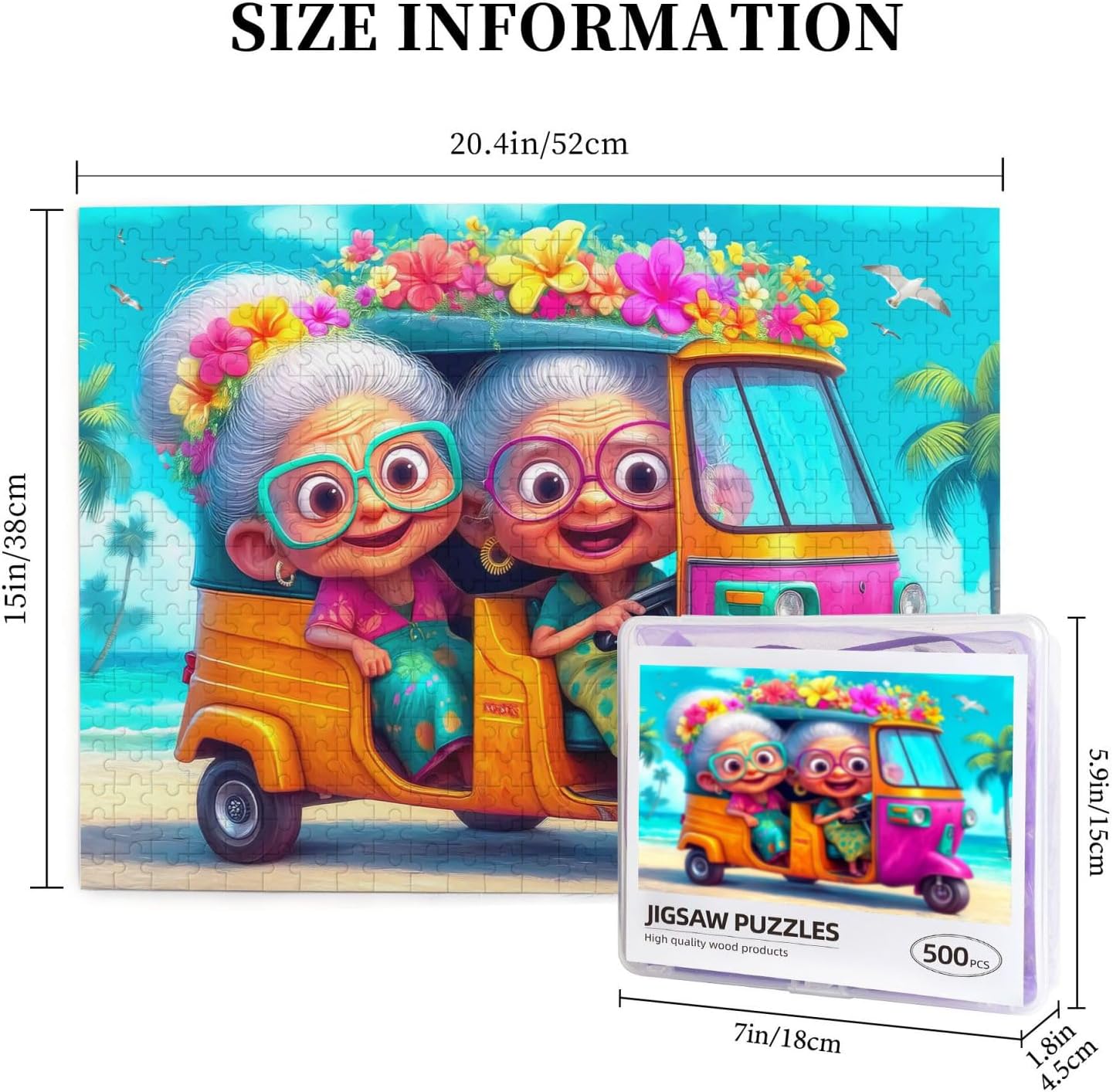 Happy Grandma Puzzles for Adults 500 Pieces, Cute Old Women Beach Ride Jigsaw Puzzles, Funny Women Wooden Puzzle for Fun Family Motivational Educational Intellectual