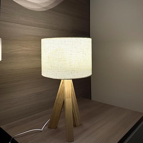 Miniatura 6 de Lámpara de mesa con trípode, pequeña y bonita lámpara de noche con pantalla de lino beige, lámpara de mesita de noche para guardería, dormitorio,