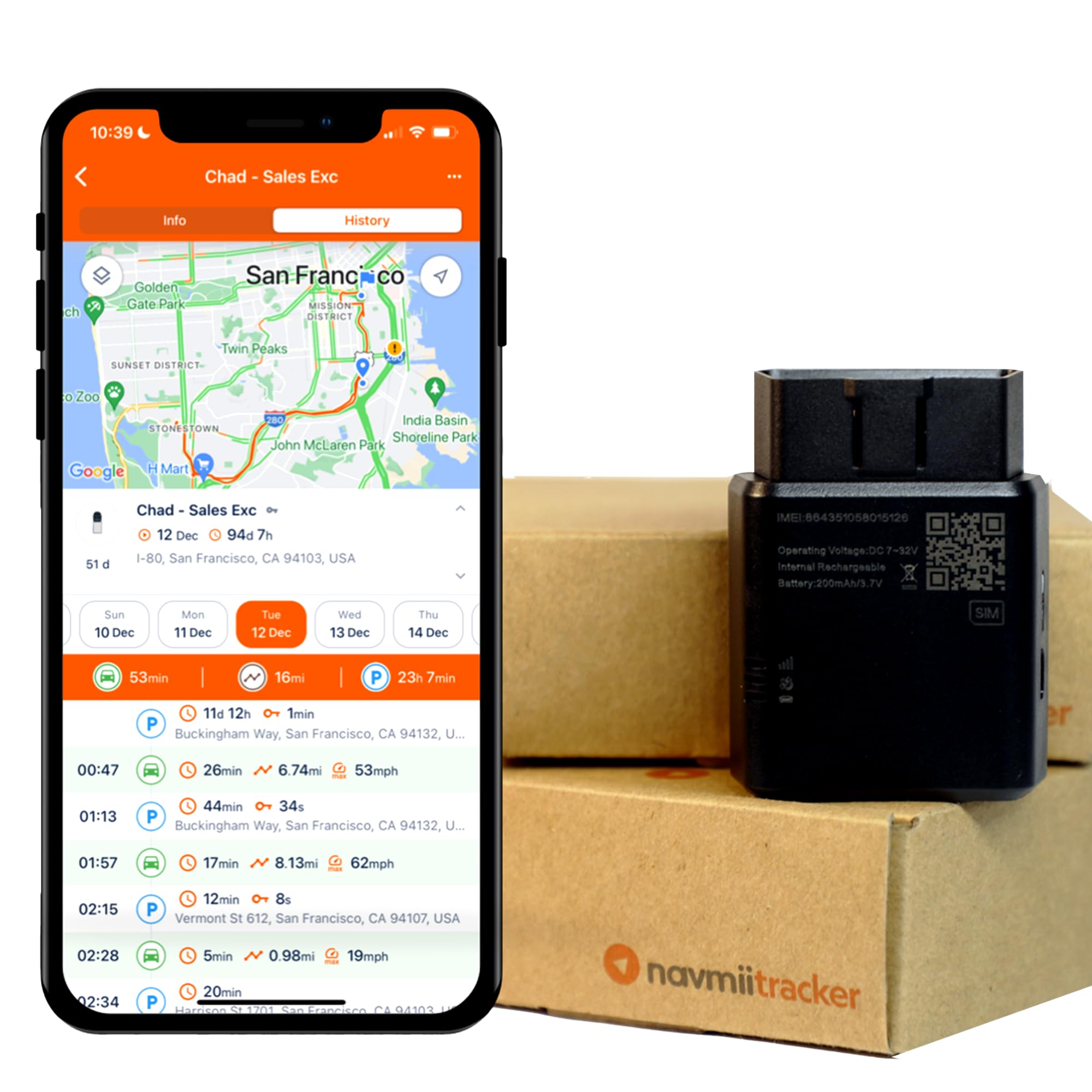 GPS Car Tracker for Vehicles, Real-Time Speed Monitoring, Fleet and Family, No Activation Fee, 10 Day Free Trial, Instant Notifications, Route History, Plug and Play