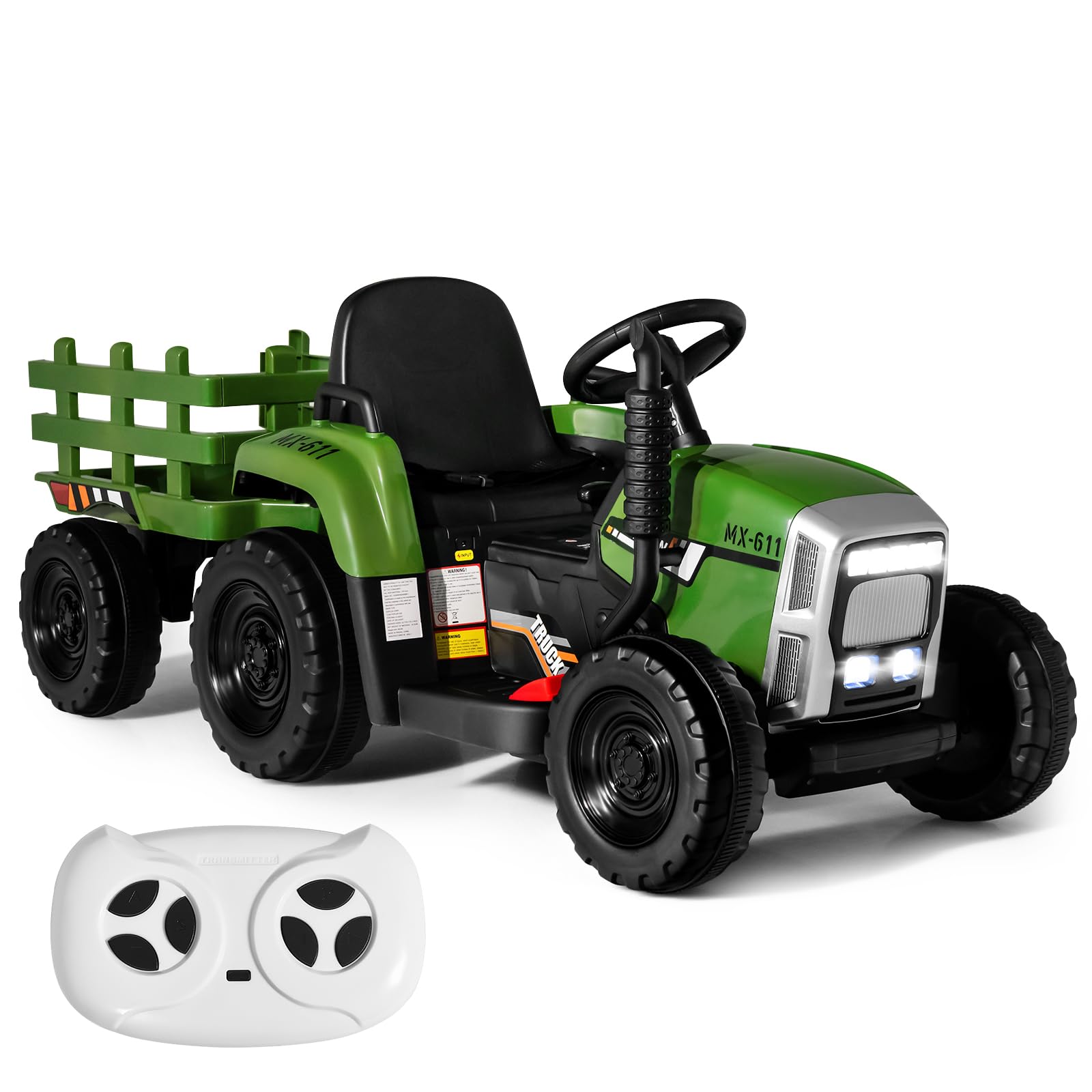 SOARS Spielzeugtraktor, Akku, 12 V, mit Fernbedienung, 2,4 G, 3 Geschwindigkeiten, Traktor mit elektrischem Anhänger mit Hupe/MP3/Bluetooth/USB/LED, Elektrotraktor für Kinder ab 3 Jahren