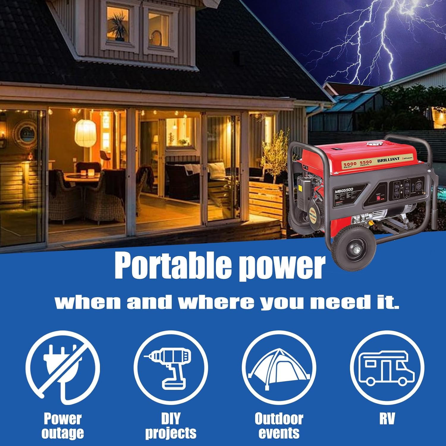 TOOLCY 5500W Gas Powered Generator – High-Performance Gas Generator with AVR, Steel Frame for Backup Power, Jobsite & Outdoor Use, 120V/240V 60Hz, Recoil Start, Not for Sale in California
