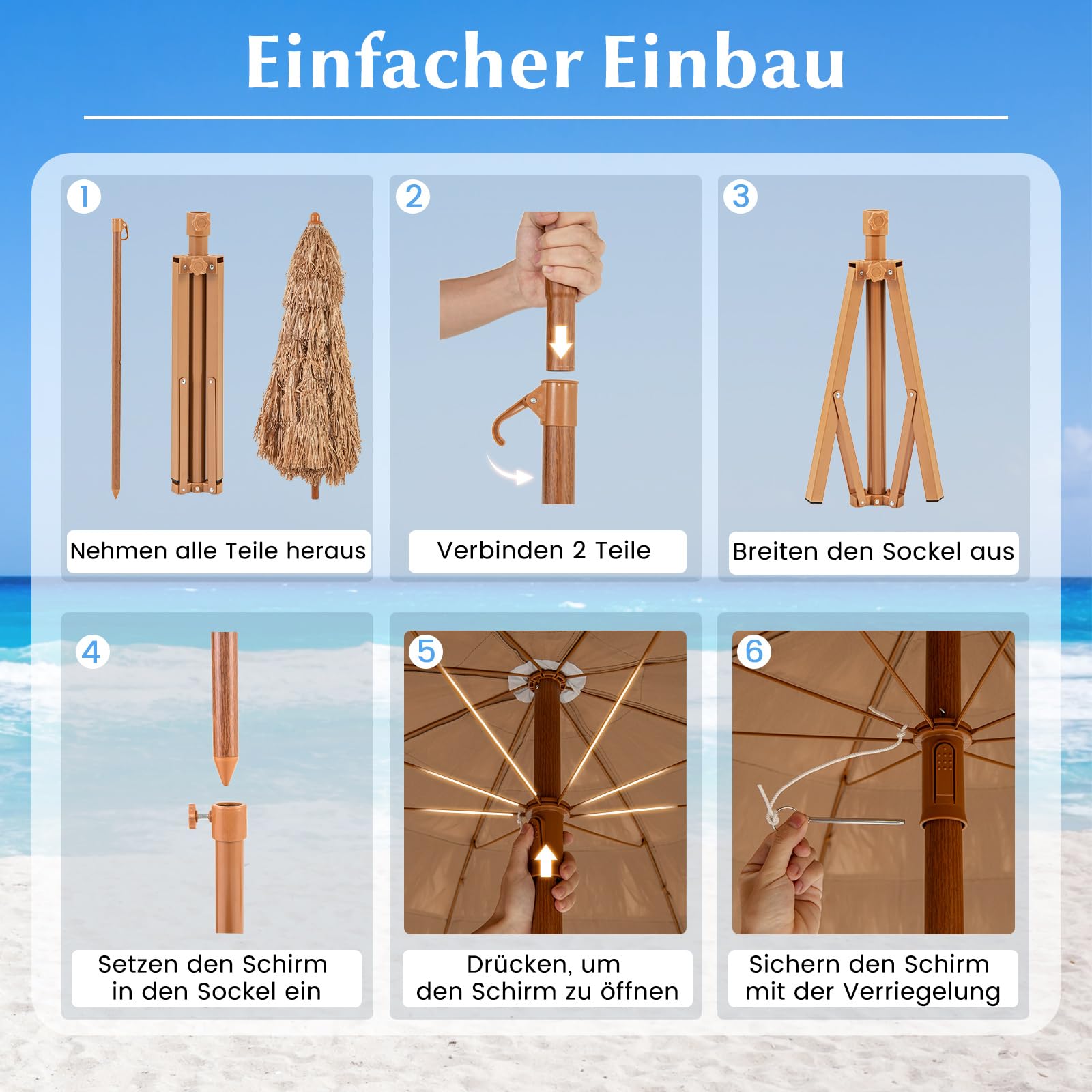 COSTWAY Sonnenschirm Hawaii, Strohschirm mit klappbarem Ständer, Strandschirm Stroh neigbar, Gartenschirm, Marktschirm, Terrassenschirm mit Tragetasche für Garten, Strand, Pool
