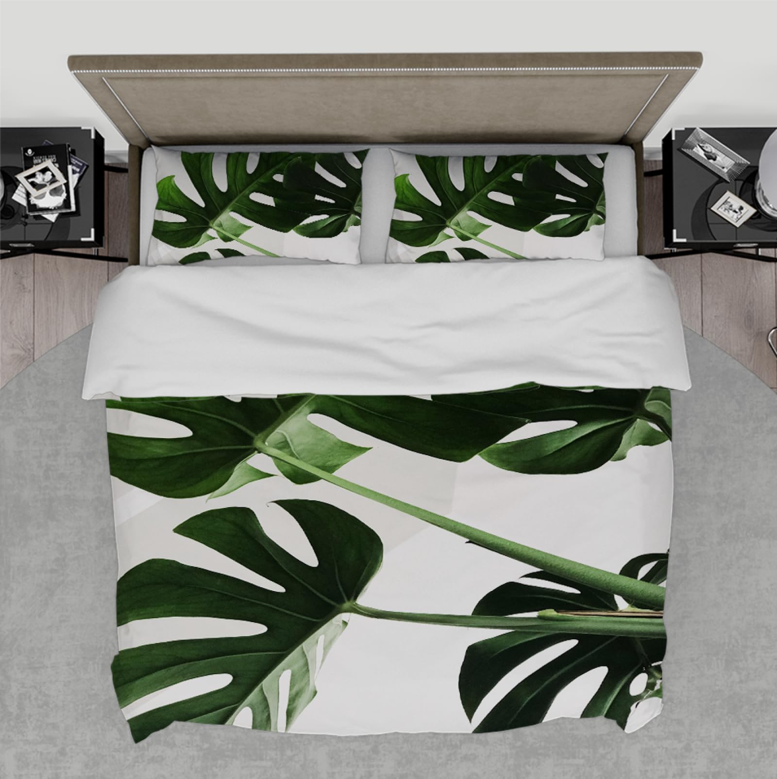 Housse de couette blanche plantes tropicales 260x220 cm avec 2 taies d'oreiller