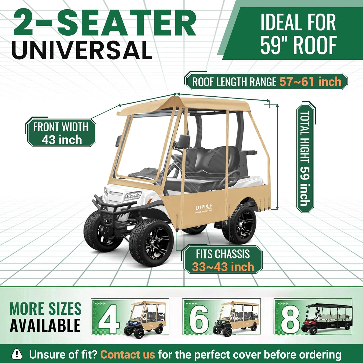 Golf Cart Enclosure Compatible with EZGO TXT/RXV, Club Car DS/Precedent, Golf Cart Rain Cover 2 4 Passenger with 59'' Short Roof, 600D Waterproof Weather Enclosure with Clear PVC Khaki