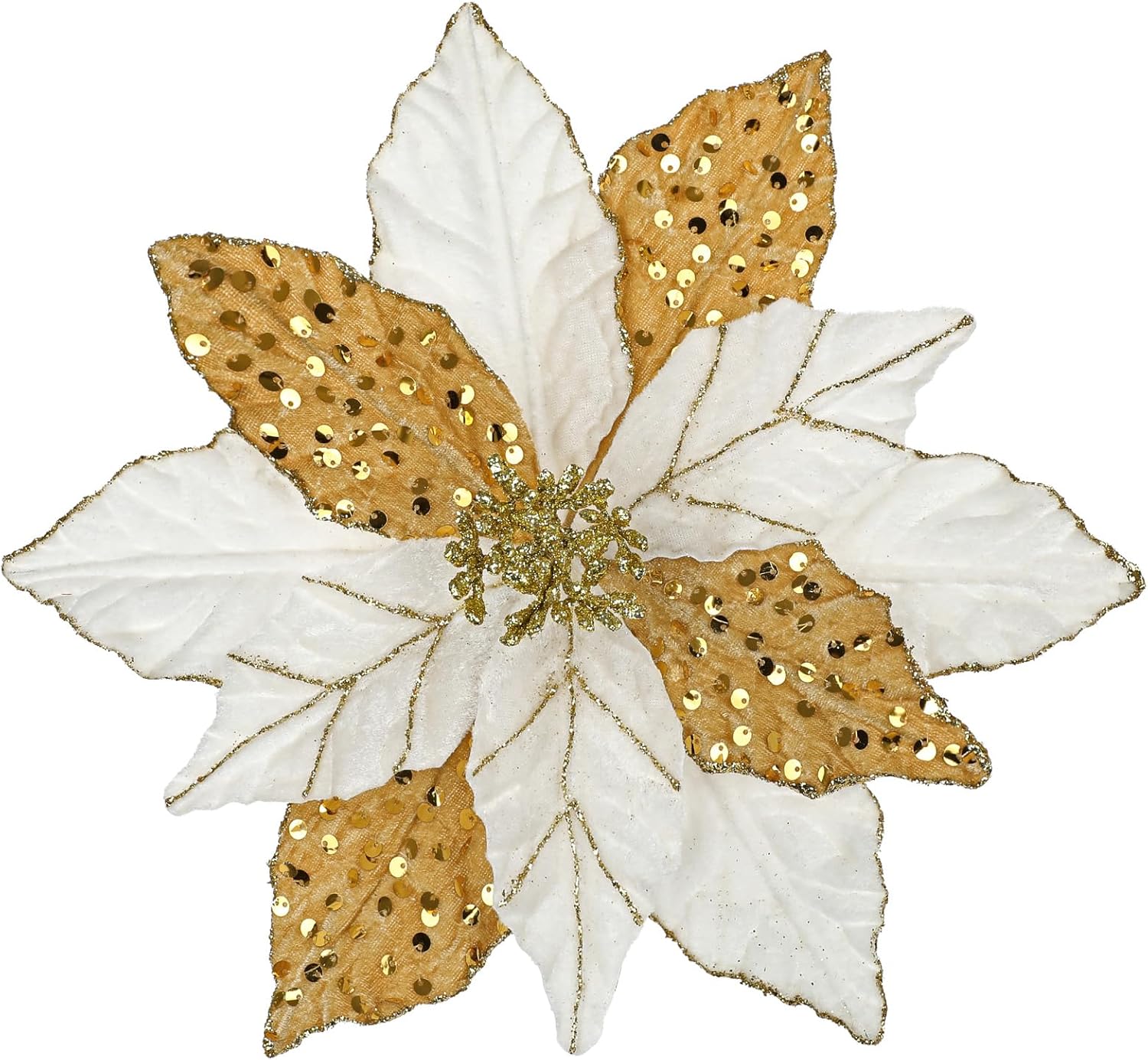 6pcs Glitter Christmas Flowers 12 Inch Large Velvet Poinsettia Artificial Christmas Flowers Velvet Poinsettia Floral Picks Stems for Xmas Tree Decorations Wreaths Garland Wedding - White Gold