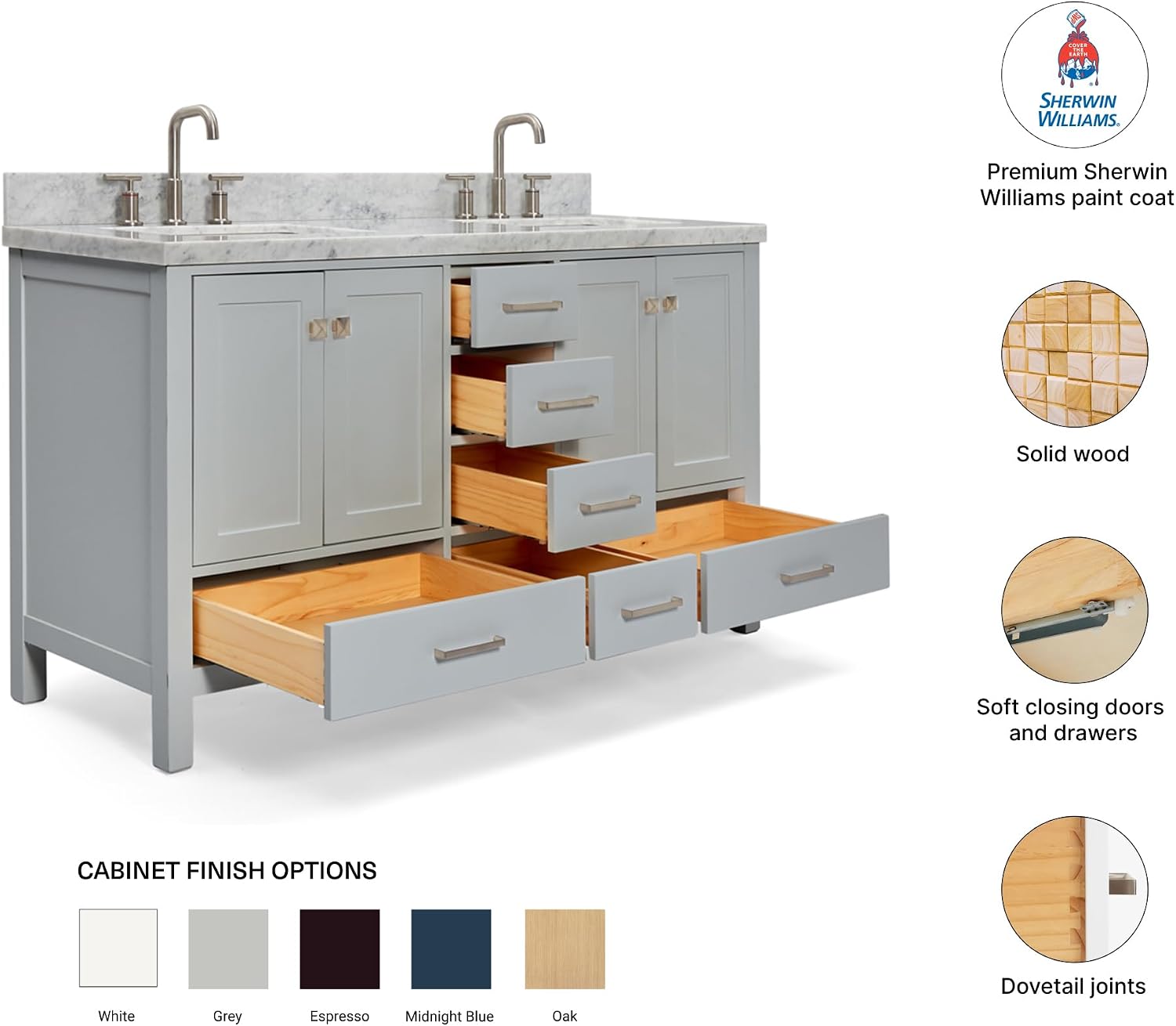DKB Beckford 60-Inch Grey Double Bathroom Vanity with Sink, 1.5" Carrara White Marble Countertop, Rectangle Undermount Sinks, 4 Soft Closing Doors, 6 Dovetail Drawers, No Mirror