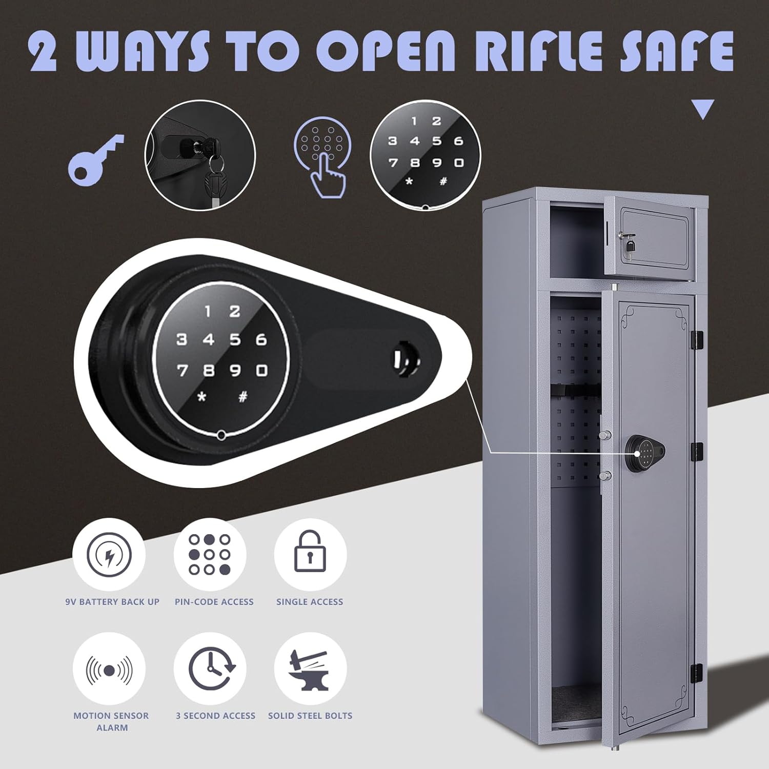 Diagram illustrating two ways to open the rifle safe: using a key and knob, or a digital keypad and knob. It also highlights features like 9V battery backup, PIN-code access, single access, motion sensor alarm, 3-second access, and solid steel bolts.
