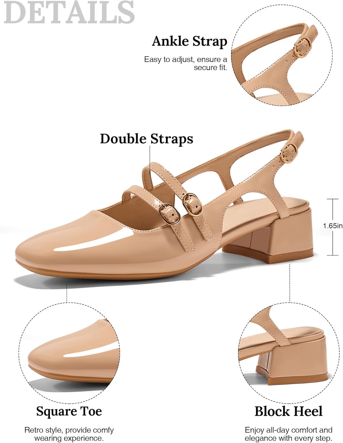 Women's Mary Jane Chunky Low Block Heels Slingback Pumps Closed Square Toe Double Strap Wedding Dress Shoes - Image 6