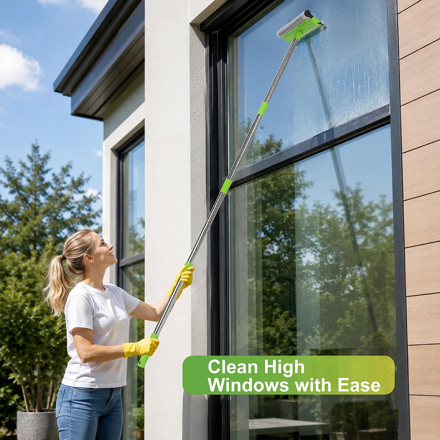 2 in 1 Window Squeegee with 55" Long Stainless Steel Handle,Sponge Car Squeegee for Home,Gas Station,Glass,Shower,Outdoor High Window Cleaning