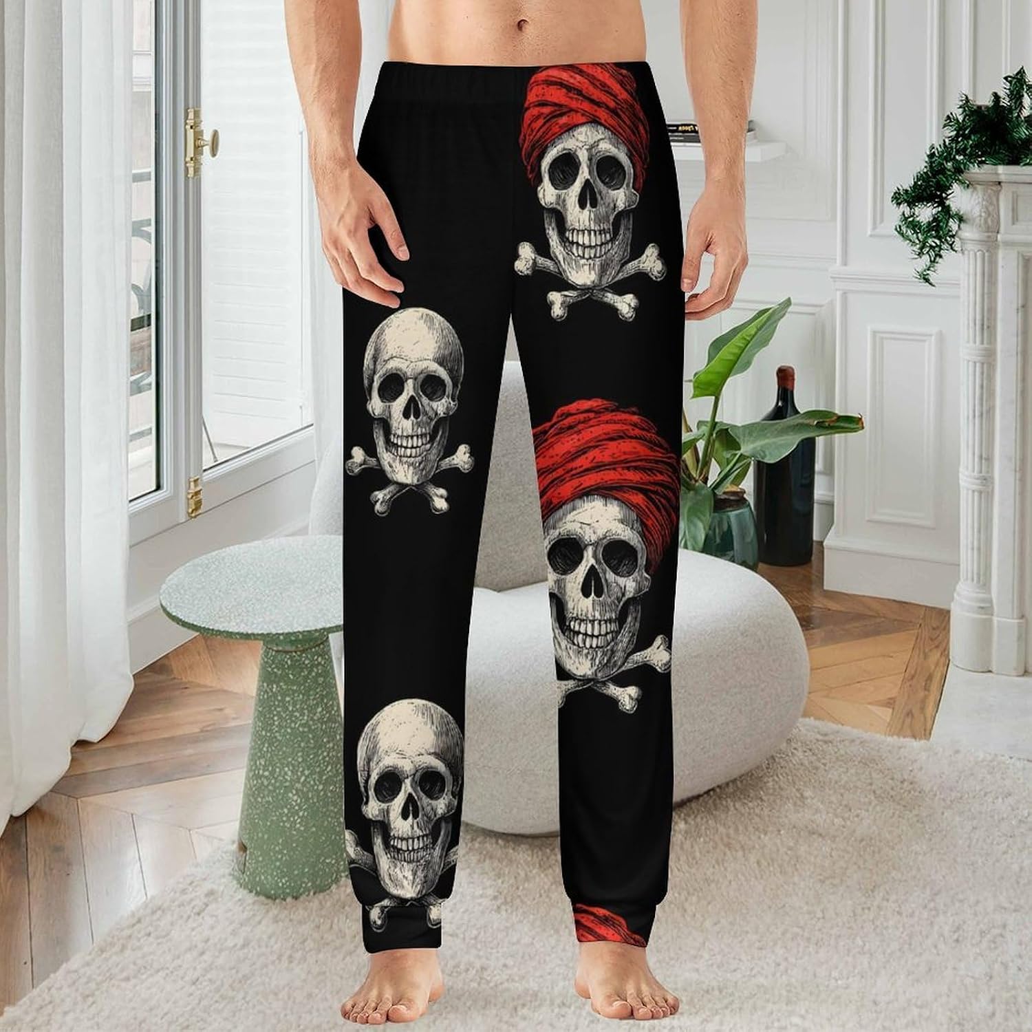 Skull Print Mens Pajama Pants Soft Lounge Pants Pj Bottoms with Pockets