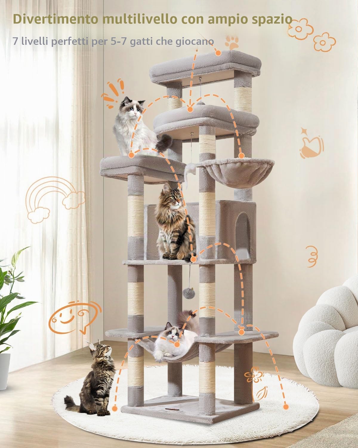 Taoqimiao Tiragraffi per Gatti, 180cm Stabile Tiragraffi per Gatti Adulti xxl con Accogliente Grotte, Amaca, Piattaforma extra large, cestino Sospeso, 8 Pali Graffiatoi, Grigio Chiaro MS034W