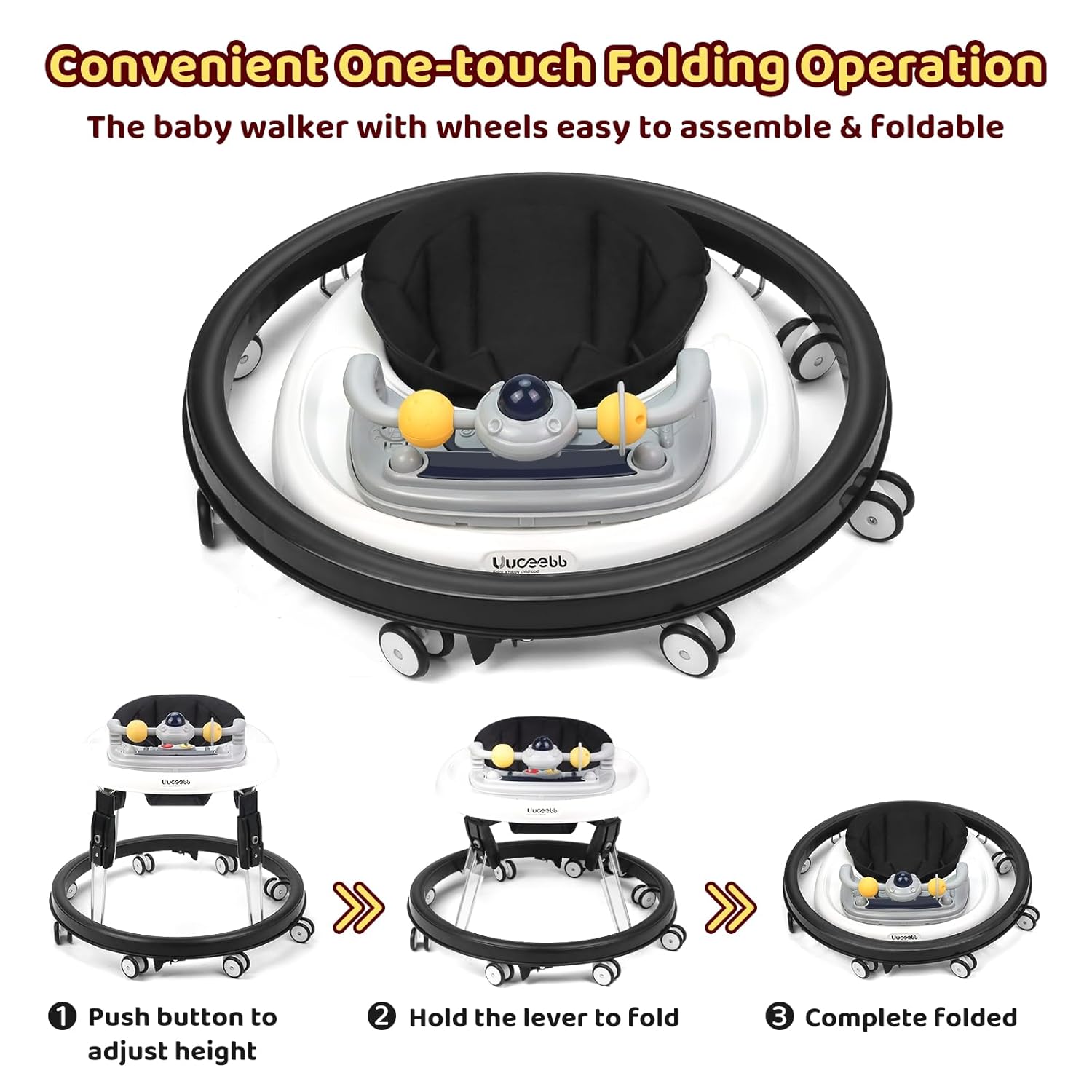 Three images demonstrating the one-touch folding operation of the baby walker.