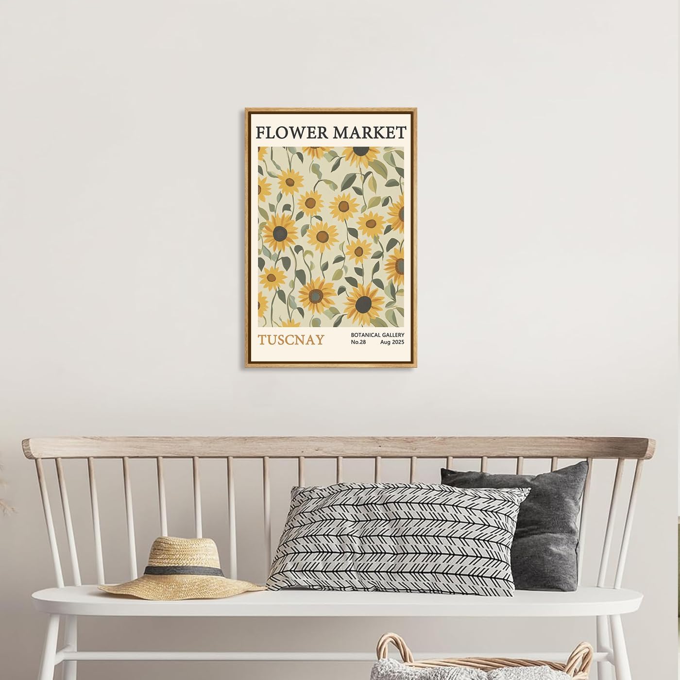 Qizee Sunflower Flower Market Botanical Canvas Wall Art Abstract Floral Painting Wall art Decor, Botanical Artwork Bedroom Bathroom Living Room Decoration 12"x 16" Natural Framed