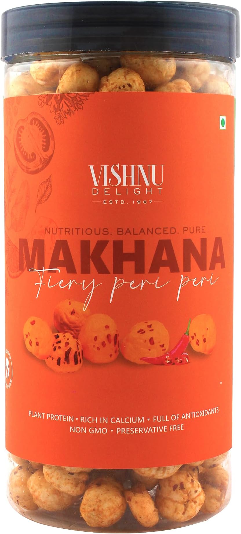 Vishnu Delight Roasted Fiery Peri-Peri Organic Makhana Jar, 3.18 Oz - Perfect Spicy Snack for Adventurous Foodies with a Love for Roasted Flavors