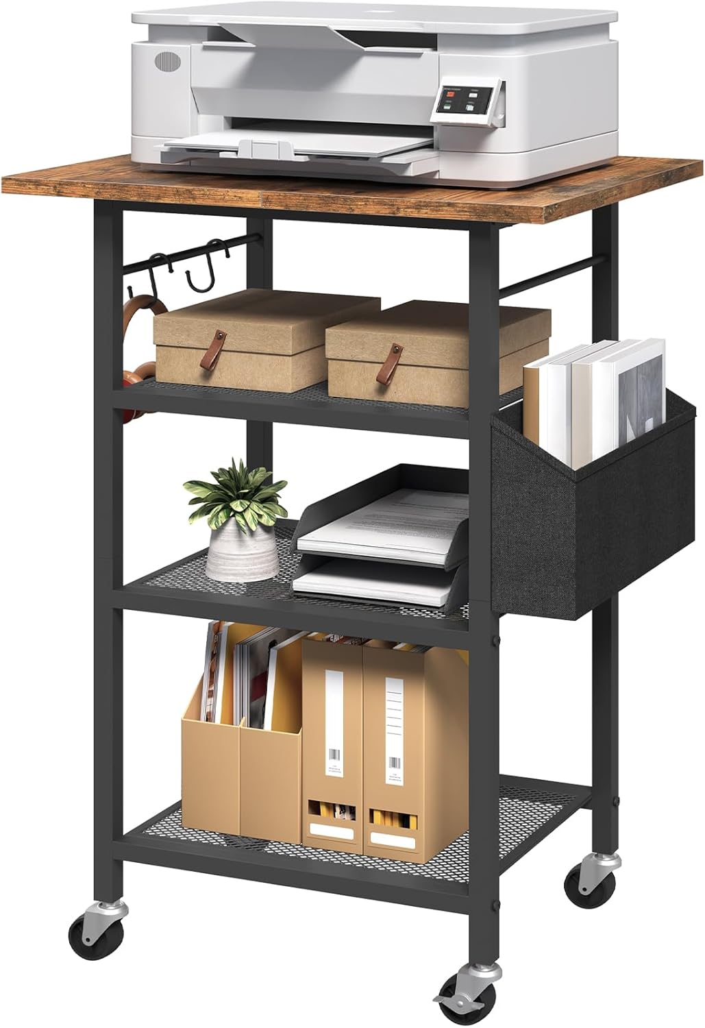4-Tier Printer Stand, Rolling Printer Table on Wheels, Industrial Storage Stand with Side Pocket, Wooden Tabletop, 2 S-Shaped Hooks, for Home Office, Rustic Brown and Black PTHR2601