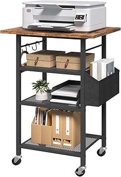 MAHANCRIS 4-Tier Printer Stand, Rolling Printer Table on Wheels, Industrial Storage Stand with Side Pocket, Wooden Tabletop, 2 S-Shaped Hooks, for Home Office, Rustic Brown and Black PTHR2601