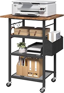 4-Tier Printer Stand, Rolling Printer Table on Wheels, Industrial Storage Stand with Side Pocket, Wooden Tabletop, 2 S-Shaped Hooks, for Home Office, Rustic Brown and Black PTHR2601