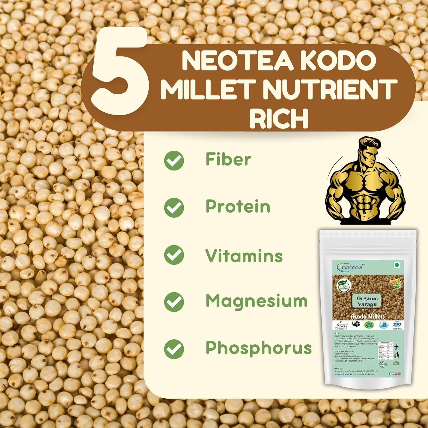 Neotea Organic Kodo Millet (Varagu/Kodra) – 1kg (2.2 lb) | High Fibre & Nutrient-Rich | Chemical-Free & Gluten-Free | Traditional Indian Grain