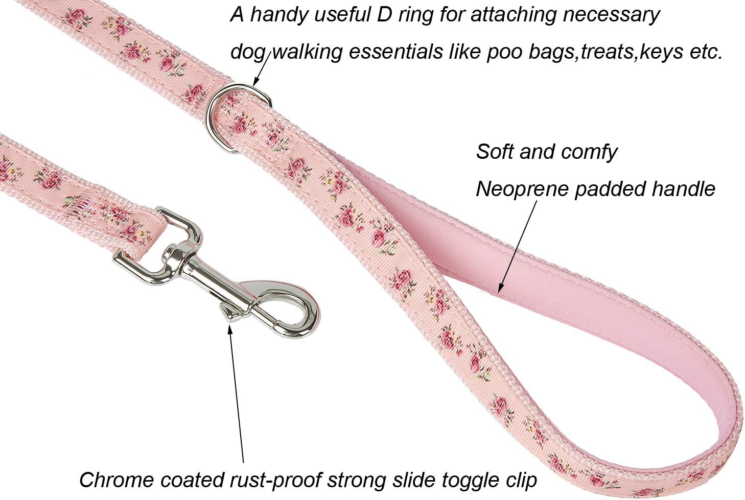 YUDOTE Floral Dog Collar and Lead Set Small,Strong Pink Nylon Collar