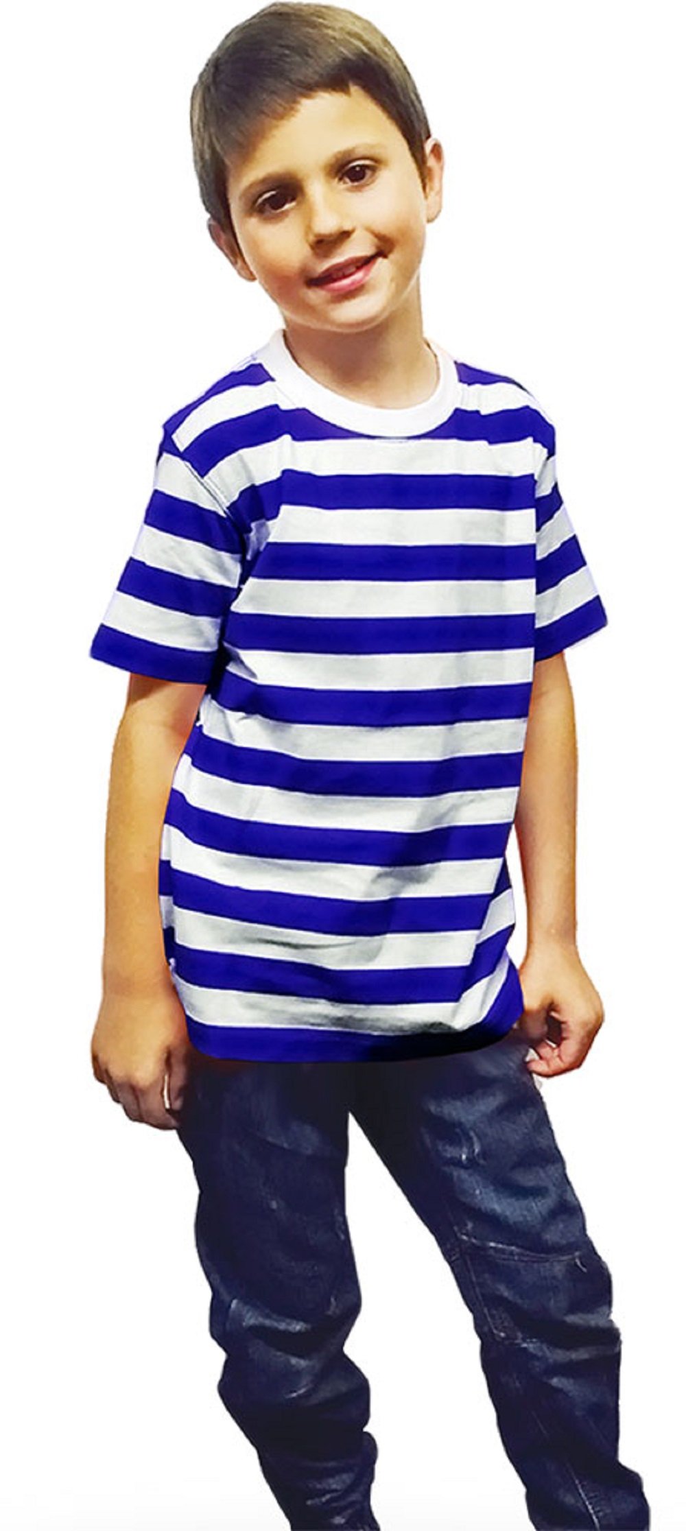 Wickedfun Unisex Kids Blue/ White New Angies Children’s Kids / Striped T-Shirt Stripes Casual Summer Top (Age 13 Years)