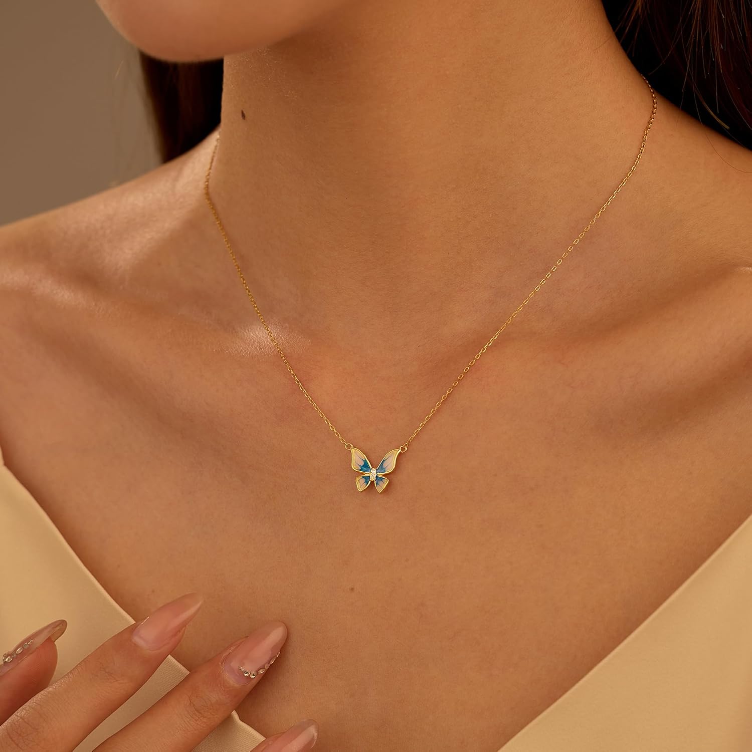 LOVECOM Cute Butterfly Necklaces for Women 14K Gold Plated Blue Enamel Butterfly Insect Choker Pendant Necklace 925 Sterling Silver CZ Charm Chain Necklace Jewelry Birthday Gifts to Daughter - Image 3