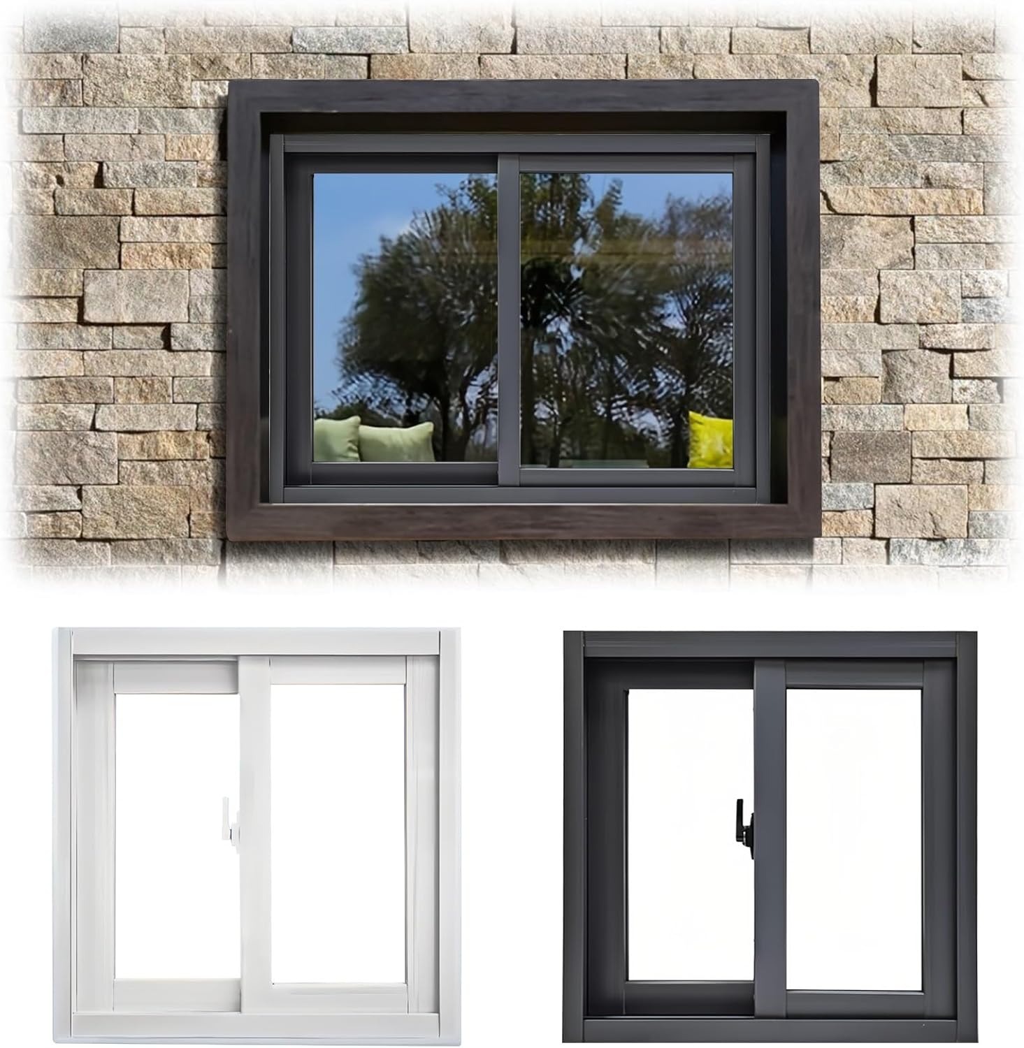 Basement Window, Flush Mount Window with Glass, Replacement Basement Window with Frame, for Shed Household Garage(Dark Gray,WxH 32x21"/81x53cm)