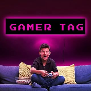 Personalised Led Gamer Name Tag Wall Light, Neon Sign Customizable Wall Decor 7 Color Changing Light Up Wall Mounted Christmas Night Light for Boys Livingroom Bedroom Game Room