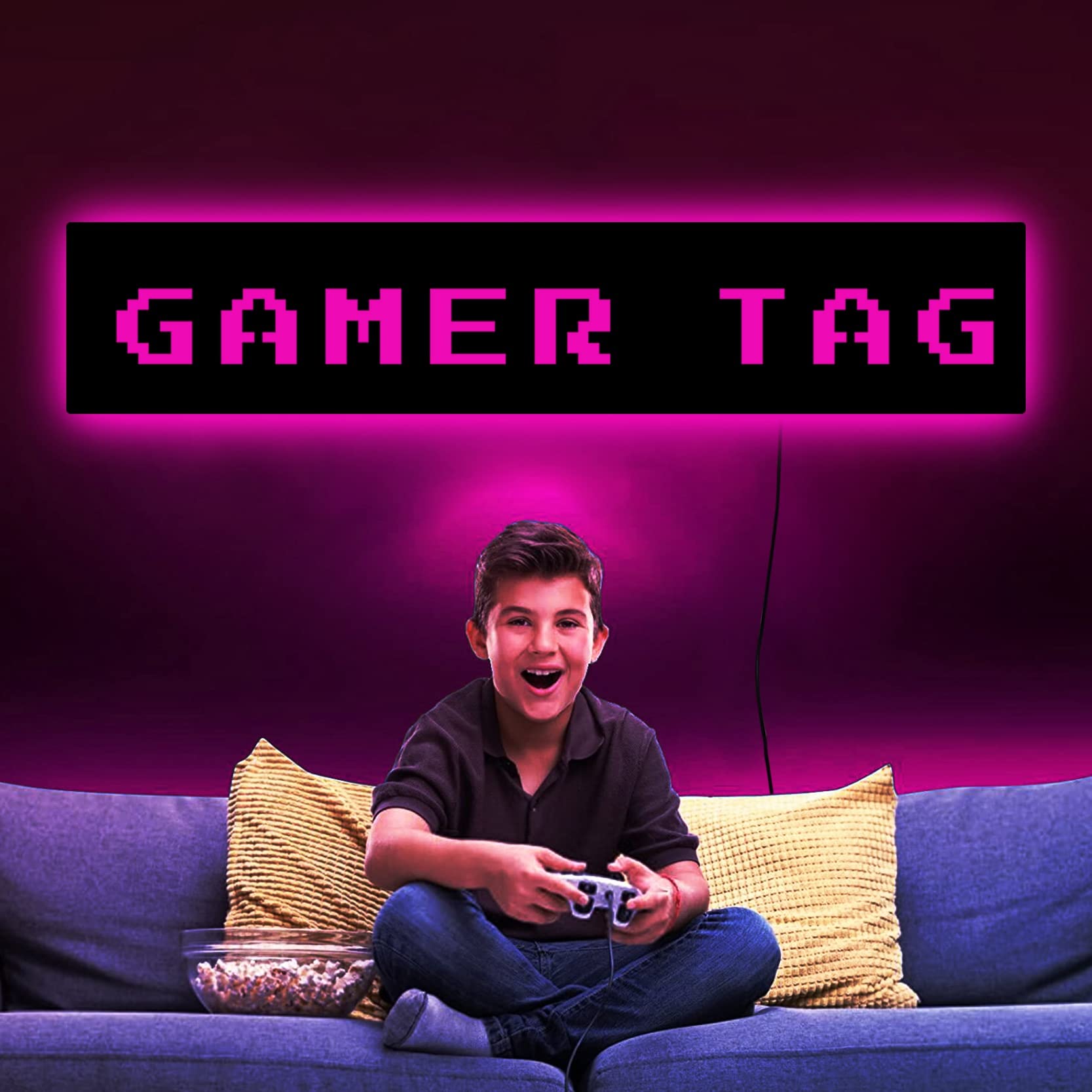 Personalised Led Gamer Name Tag Wall Light, Neon Sign Customizable Wall Decor 7 Color Changing Light Up Wall Mounted Christmas Night Light for Boys Livingroom Bedroom Game Room