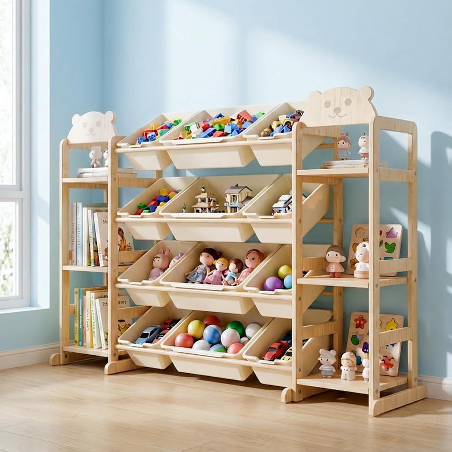 Extra Large Toy Storage, Wooden Toy Storage Organizer with 6 Side Shelves and 12 Bins, 3 -in-1 Bookshelf for Bedroom Playroom, Nursery, Wood Kids Toy Shelf and Bookcase 52.3"W x 13.5"D x 31.5"H