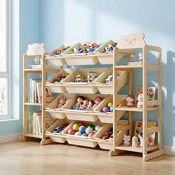 Toy Storage Organizer, Extra Large WoodenToy Storage, with 6 Side Shelves and 12 Bins, 3 -in-1 Bookshelf for Bedroom Playroom, Nursery, Wood Kids Toy Shelf and Bookcase 52.3"W x 13.5"D x 31.5"H