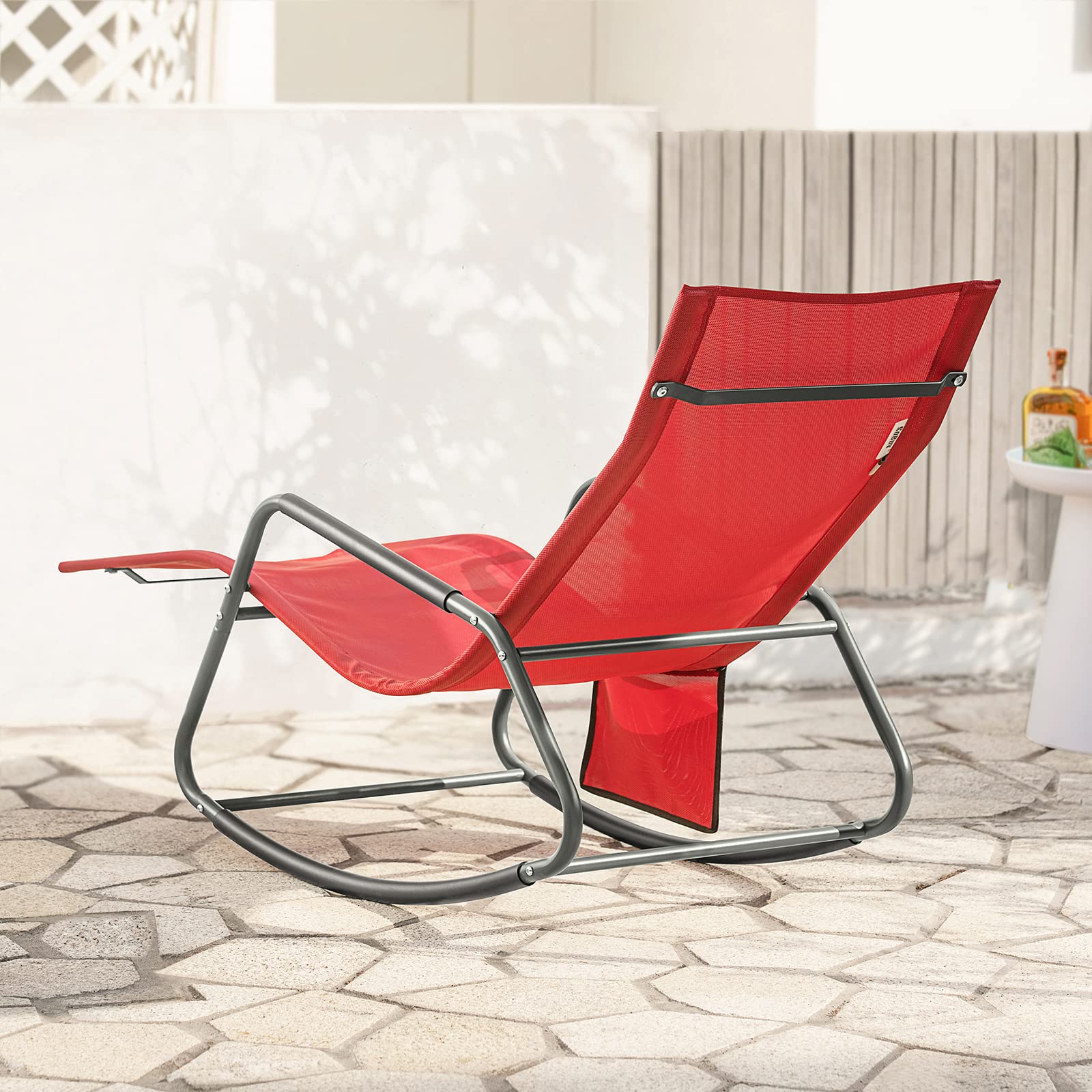 SoBuy Dondolo da Giardino Sedia a Dondolo da Esterno Lettino Prendisole con Tasca Laterale Poltrona da Giardino Sdraio per Patio Balcone Campeggio Spiaggia Rosso 143x57x85 cm OGS47-R