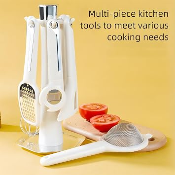 7-Piece Kitchen Gadget Set, Stainless Steel Cooking Utensils Set with Holder, 7-Pieces All Metal Kitchen Utensils, 11.4 Long Kitchen Tools with Countertop Rotating Stand (White)