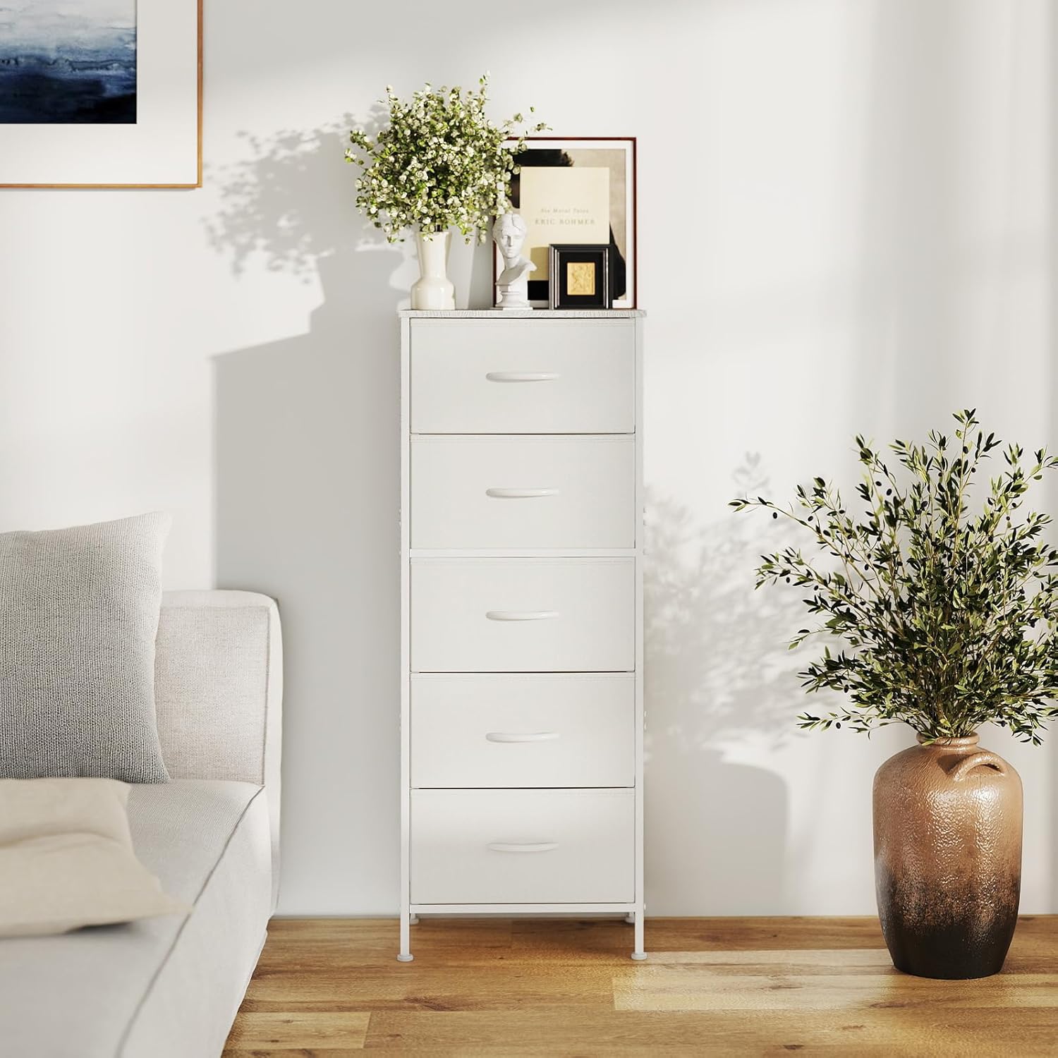 Sweetcrispy 5 Drawer Dresser with Fabric Bins, Sturdy Steel Frame and Wood Top, Storage Organizer Chest for Bedroom, Closet, Hallway, White