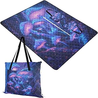Night Glowing Mushrooms Picnic Blankets - Extra Large Waterproof Foldable Portable Picnic Blanket, 80"x118" Beach Blanket Outdoor Mat for Grass Park, Hiking, Travel