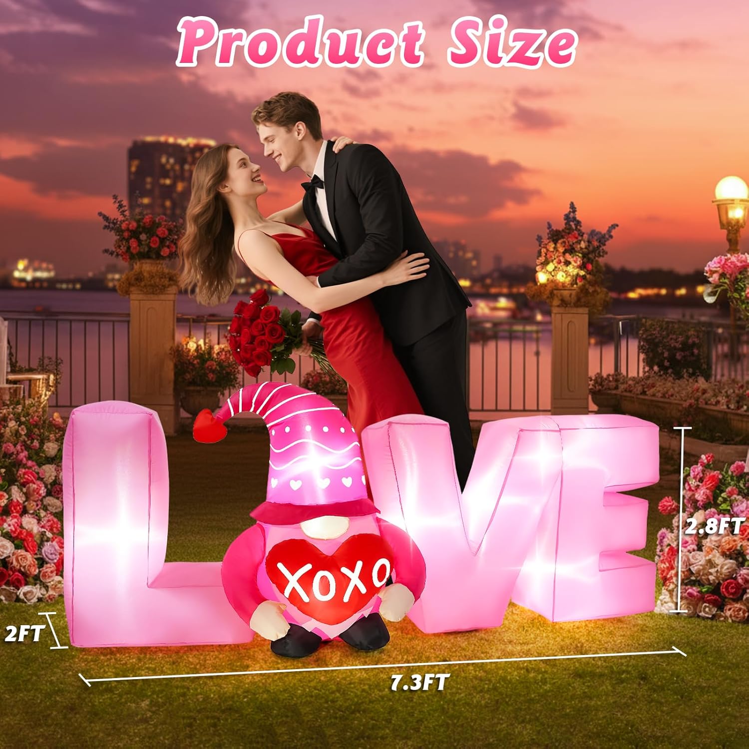 7FT Long Valentines Day Inflatable Decorations Valentine Gnomes with Love Letters Outdoor Inflatables Romantic Anniversary Wedding Holiday Party LED Lights Blow Ups for Outside Yard Lawn Decor