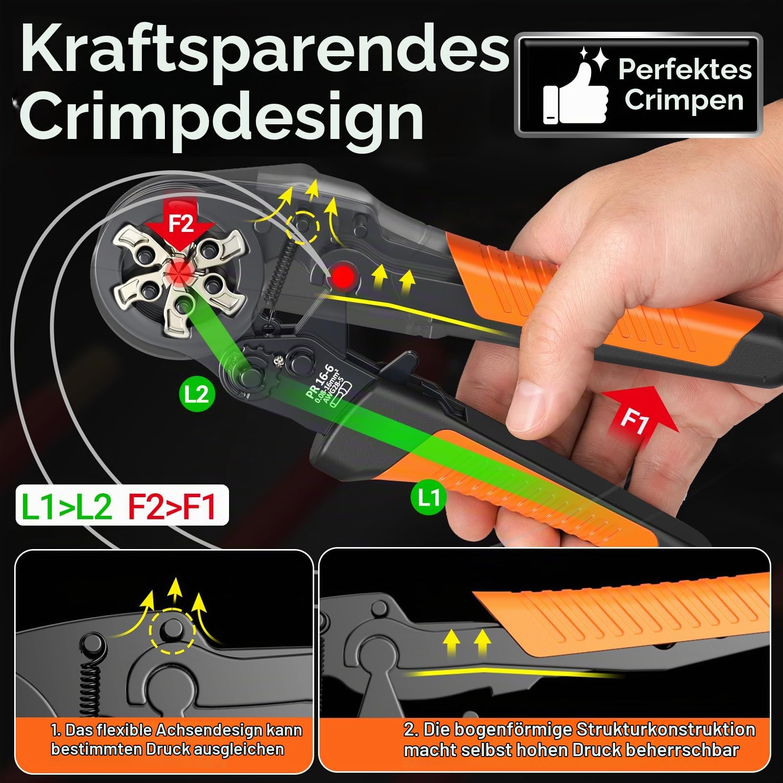 Preciva Sechskant Crimpzange, 0,08-16mm² Aderendhülsen, kompatibel mit 1450 Einrohrklemmen＆ Kabelkennzeichnungsetiketten, Aderendhülsenzange, Crimpwerkzeug mit Abisolierzange
